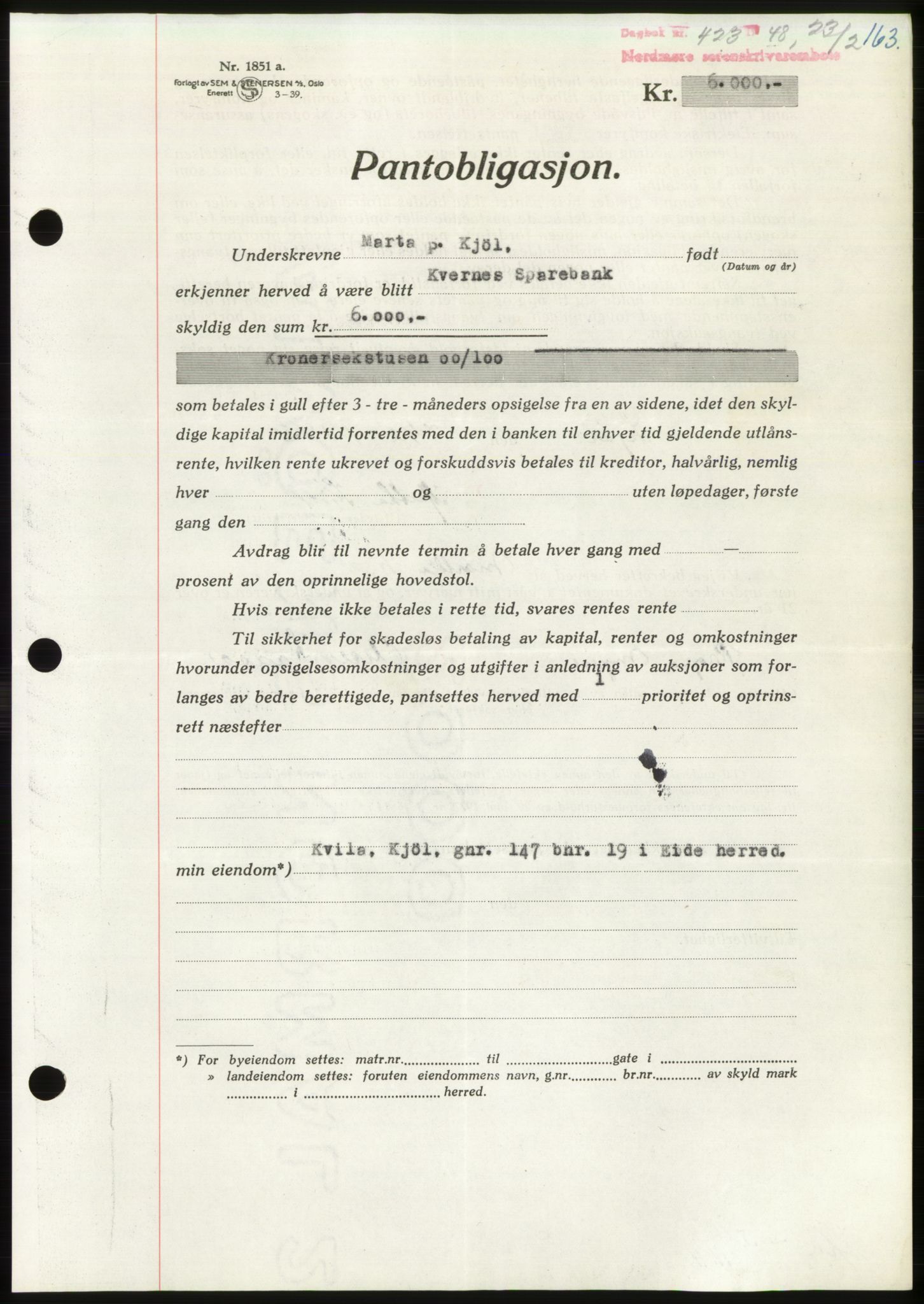 Nordmøre sorenskriveri, AV/SAT-A-4132/1/2/2Ca: Mortgage book no. B98, 1948-1948, Diary no: : 423/1948