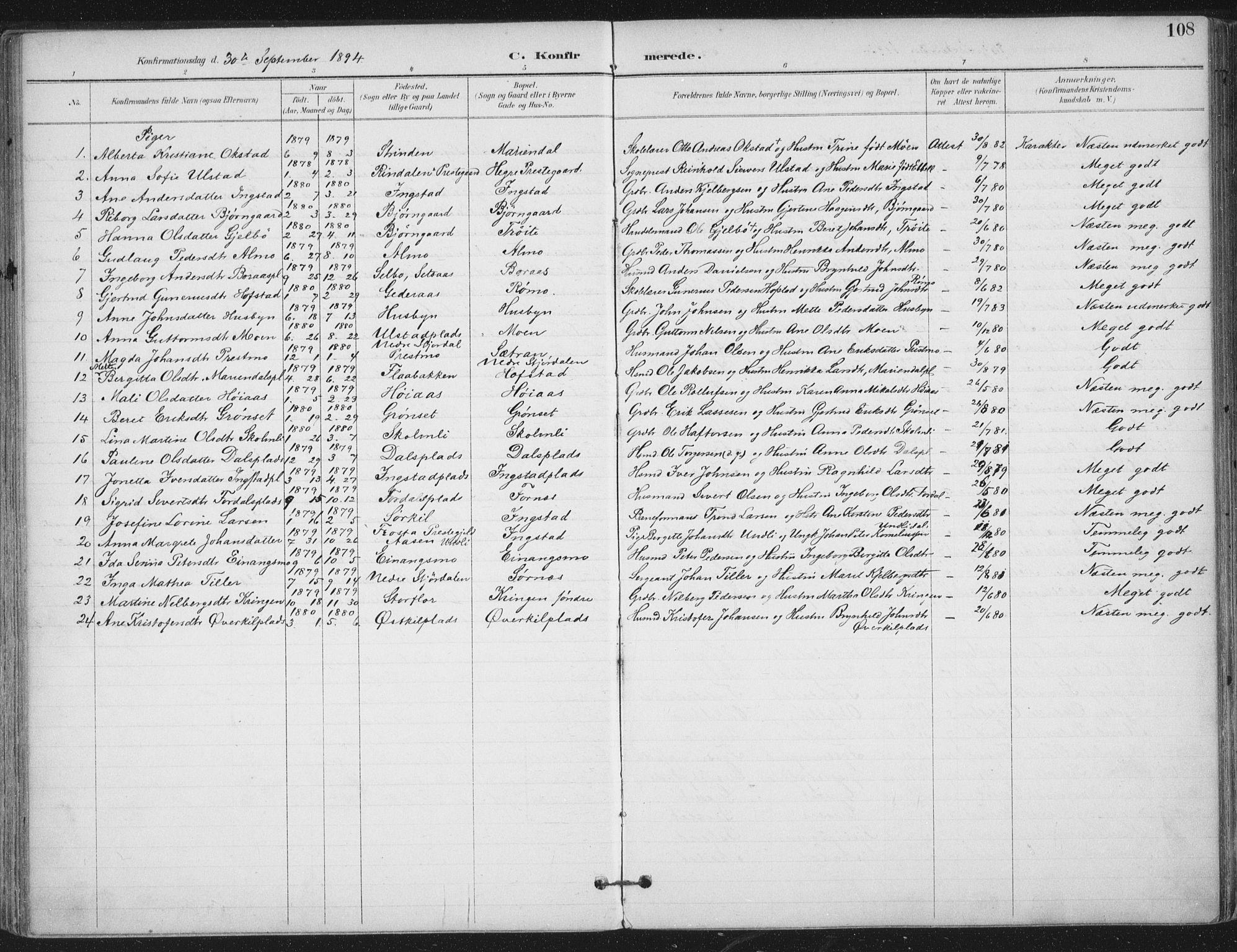 Ministerialprotokoller, klokkerbøker og fødselsregistre - Nord-Trøndelag, SAT/A-1458/703/L0031: Parish register (official) no. 703A04, 1893-1914, p. 108