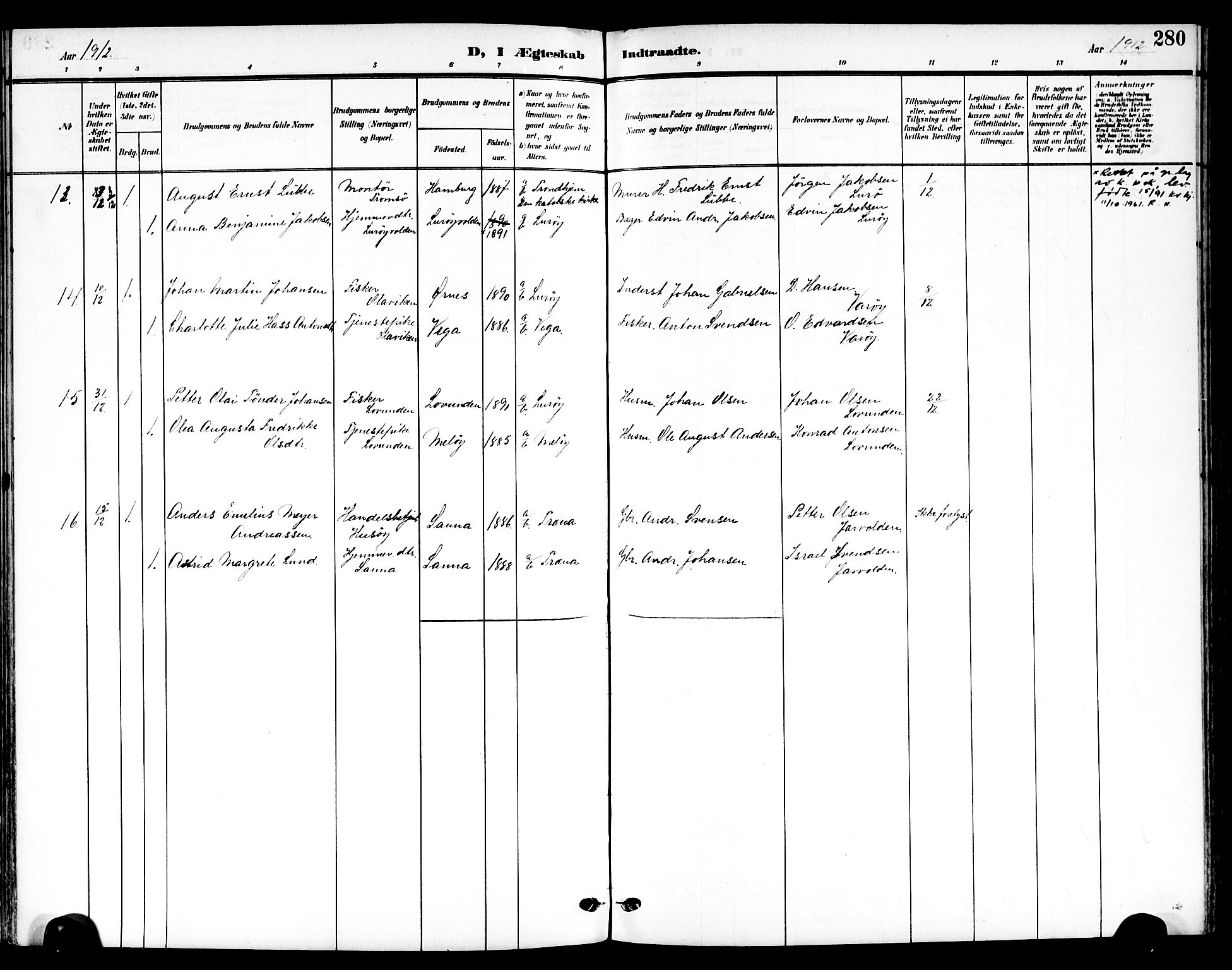 Ministerialprotokoller, klokkerbøker og fødselsregistre - Nordland, AV/SAT-A-1459/839/L0569: Parish register (official) no. 839A06, 1903-1922, p. 280