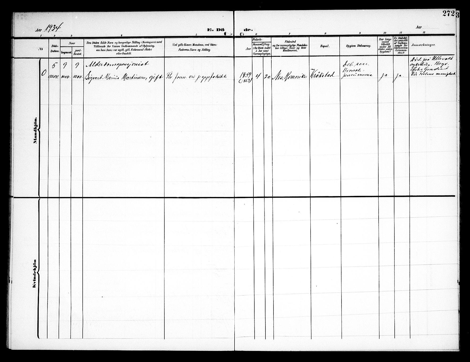 Kråkstad prestekontor Kirkebøker, SAO/A-10125a/G/Ga/L0002: Parish register (copy) no. I 2, 1905-1934, p. 272