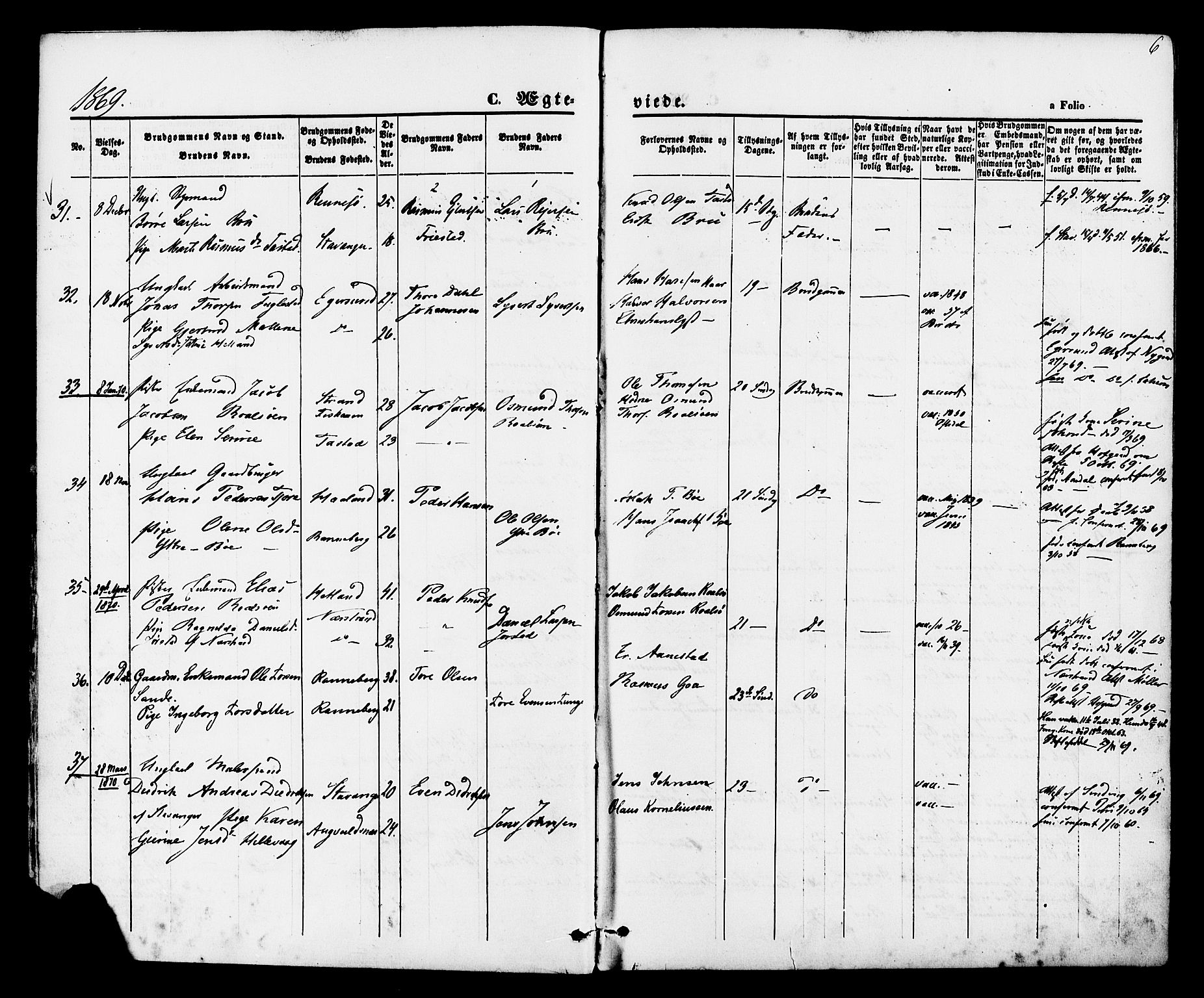 Hetland sokneprestkontor, SAST/A-101826/30/30BA/L0005: Parish register (official) no. A 5, 1869-1884, p. 6