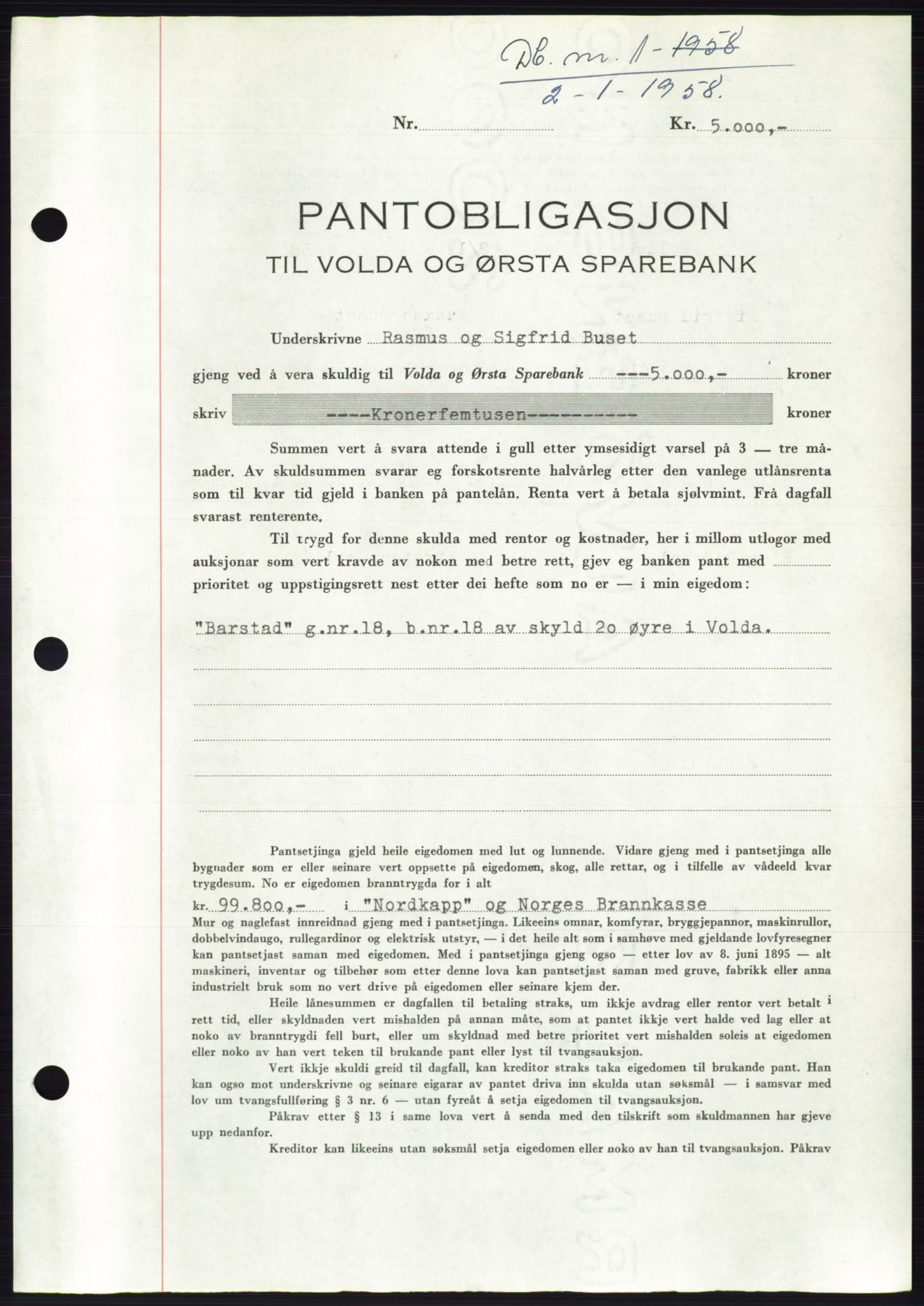 Søre Sunnmøre sorenskriveri, AV/SAT-A-4122/1/2/2C/L0130: Mortgage book no. 18B, 1957-1958, Diary no: : 1/1958