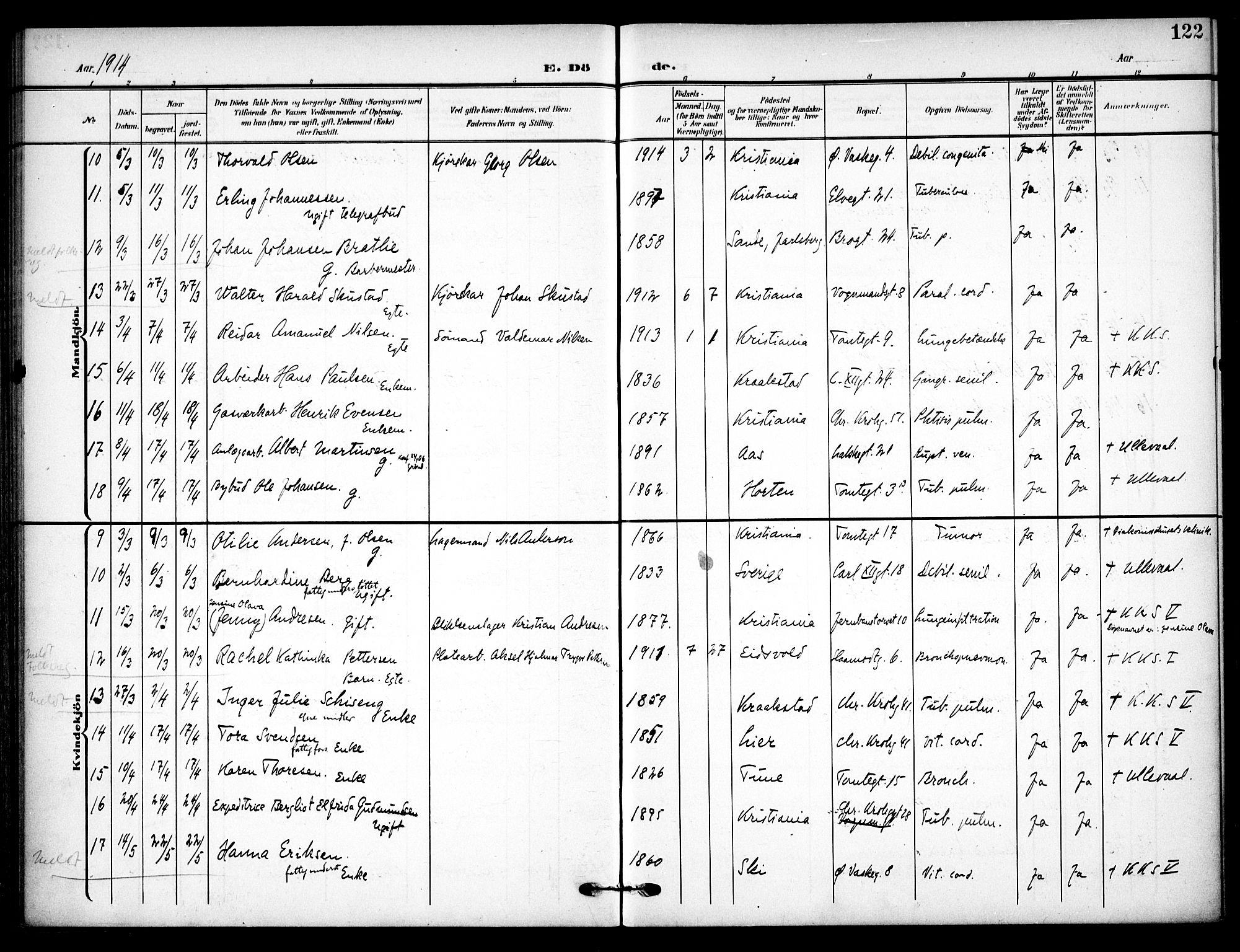 Vaterland prestekontor Kirkebøker, AV/SAO-A-10880/F/Fa/L0002: Parish register (official) no. 2, 1907-1921, p. 122