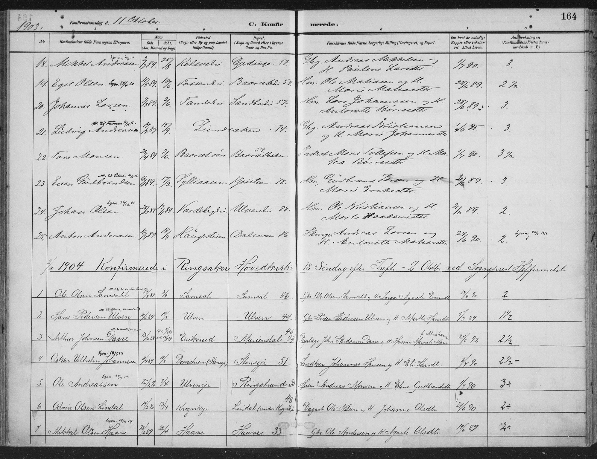 Ringsaker prestekontor, SAH/PREST-014/K/Ka/L0018: Parish register (official) no. 18, 1903-1912, p. 164