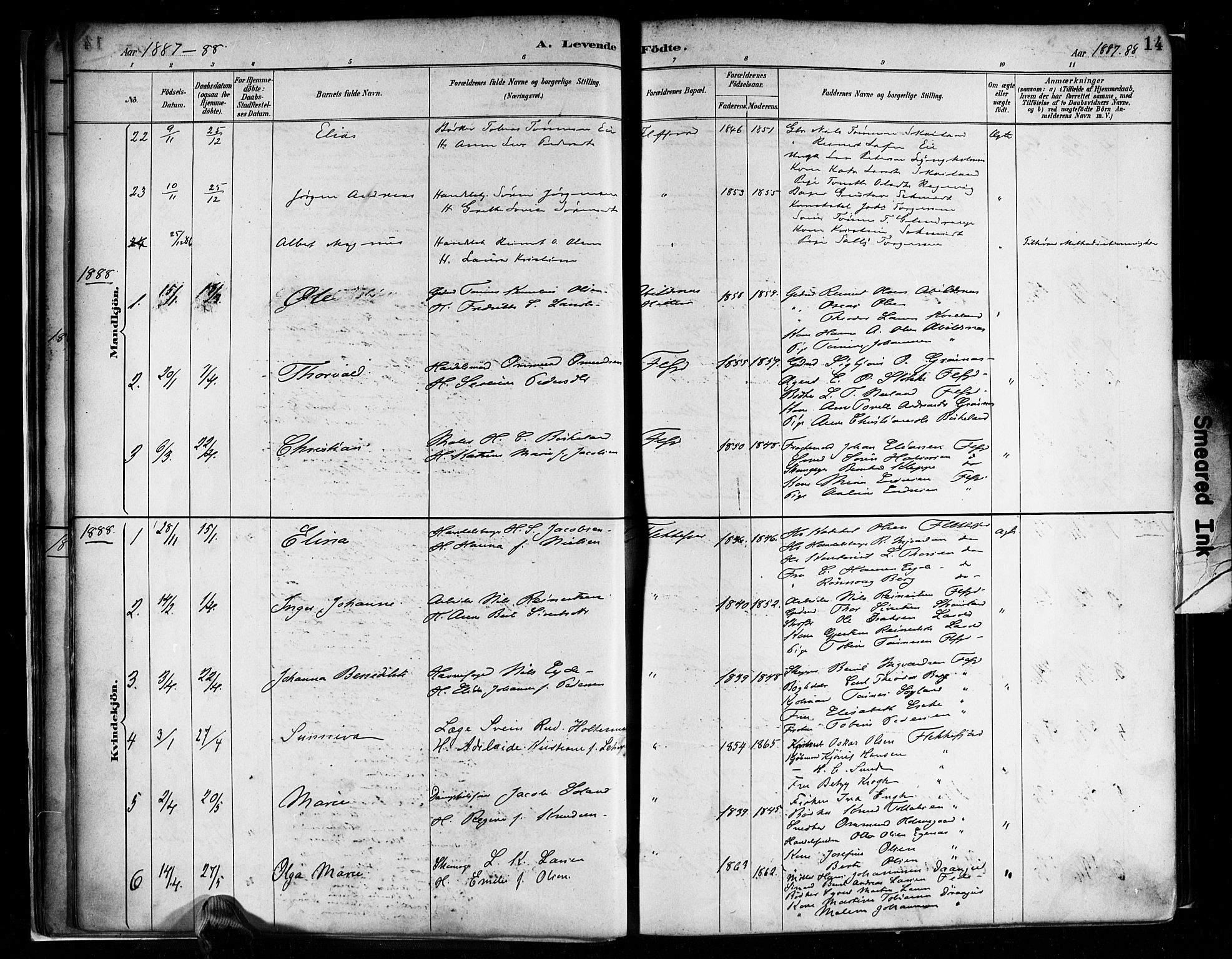 Flekkefjord sokneprestkontor, SAK/1111-0012/F/Fa/Faa/L0001: Parish register (official) no. A 1, 1885-1900, p. 14