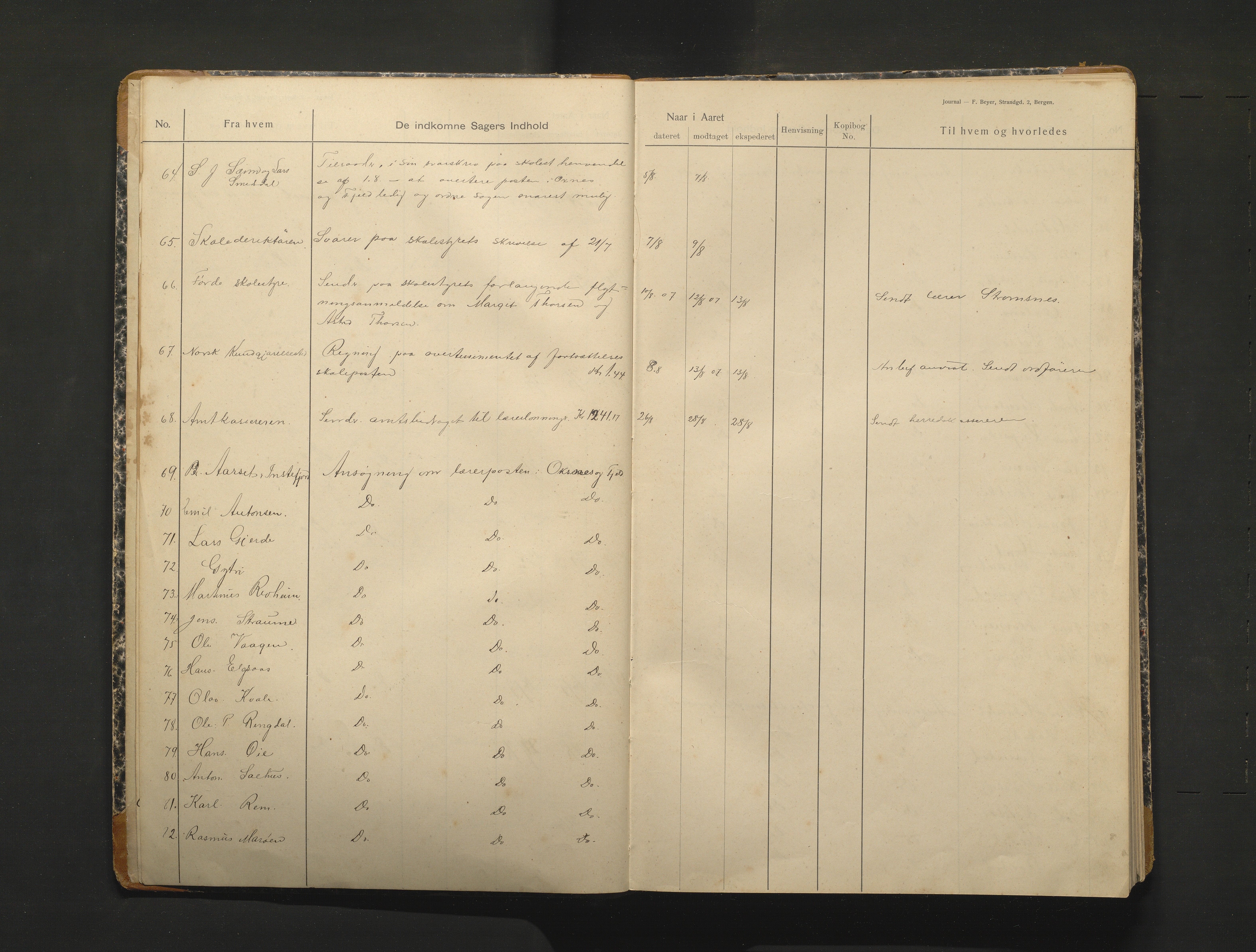 Alversund kommune. Skulestyret, IKAH/1257-211/C/Ca/L0002: Brevjournal for Alversund skulestyre, 1907-1913