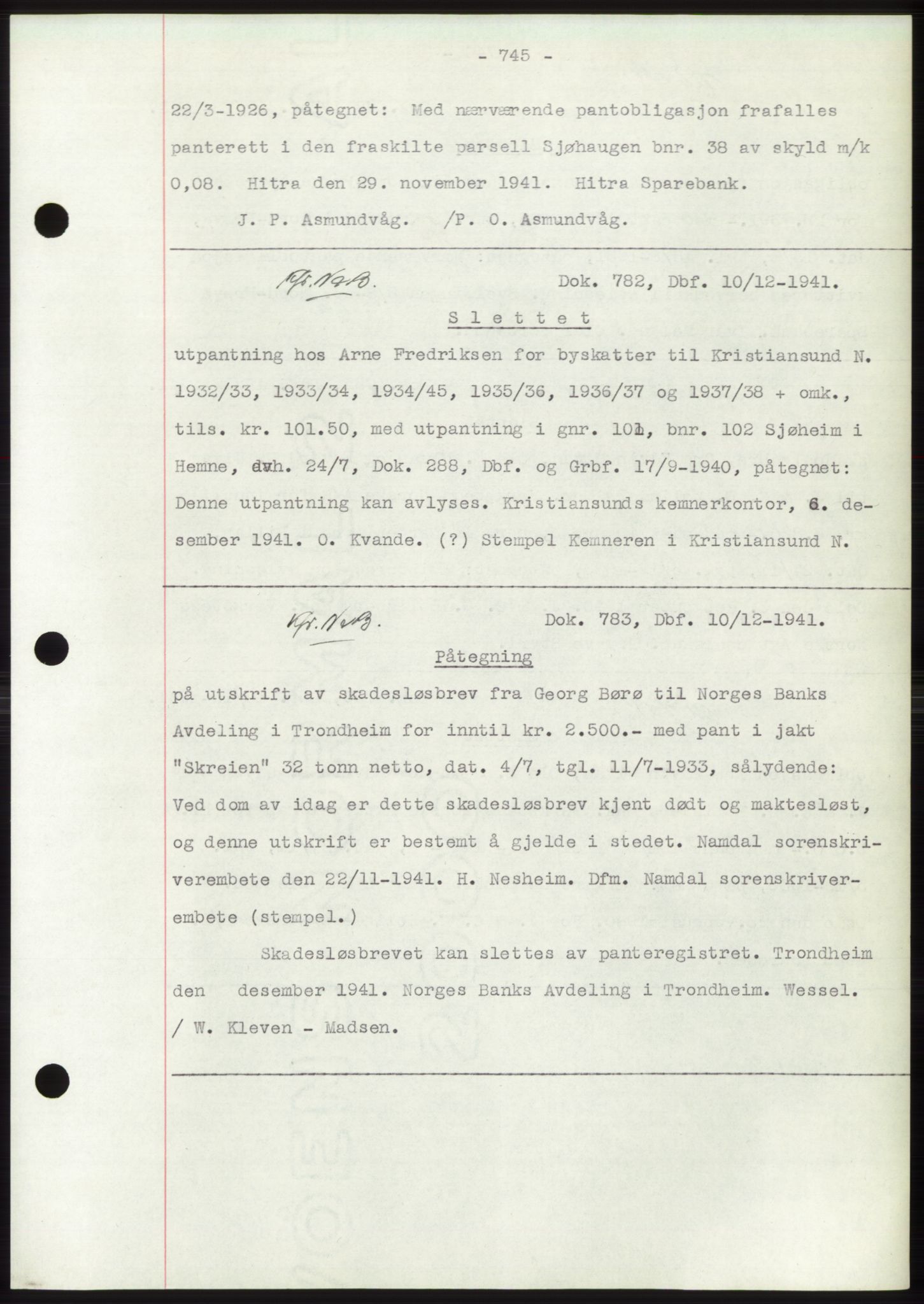 Hitra sorenskriveri, AV/SAT-A-0018/2/2C/2Ca: Mortgage book no. C1, 1936-1945, Diary no: : 782/1941