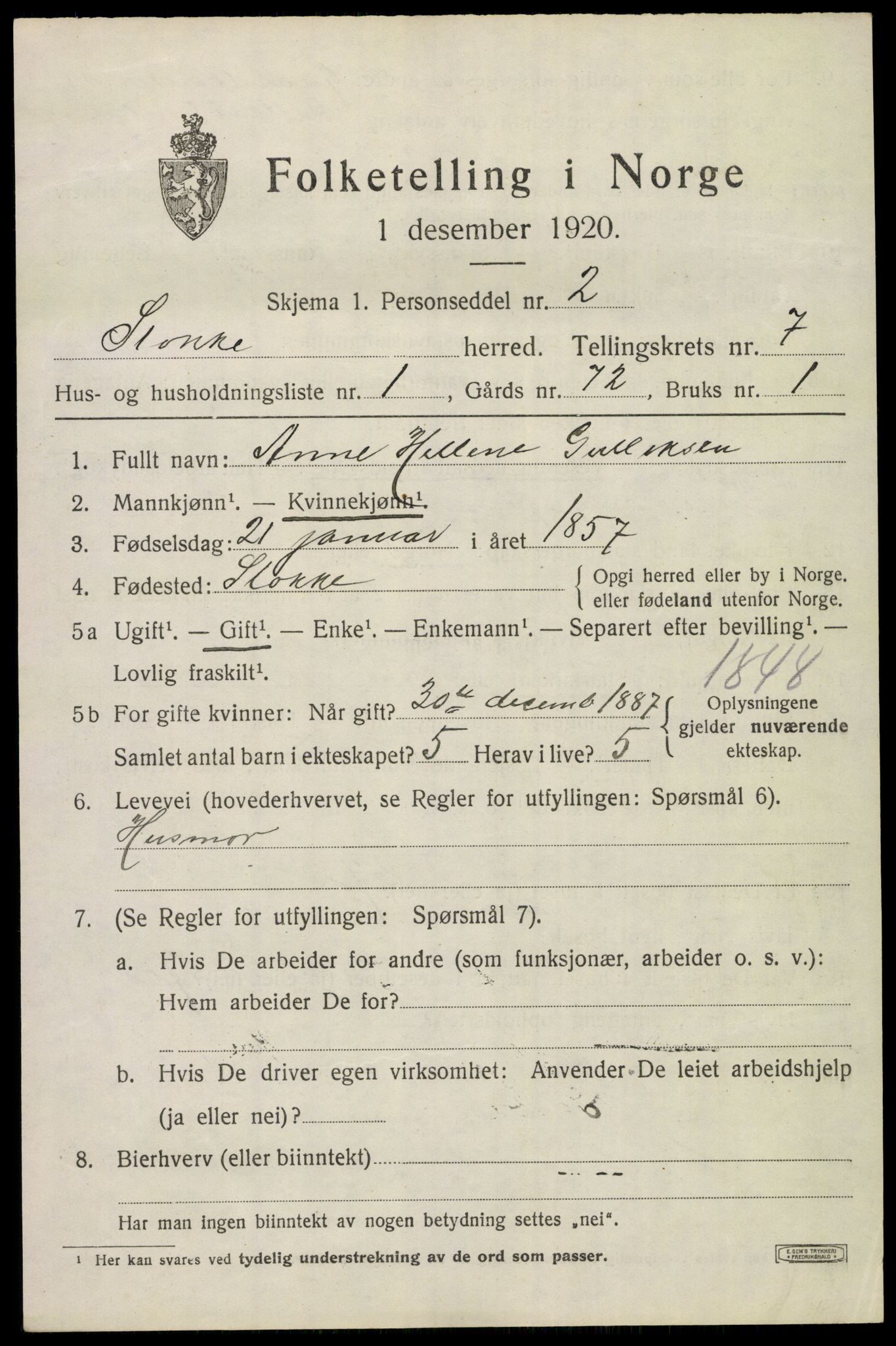 SAKO, 1920 census for Stokke, 1920, p. 7852