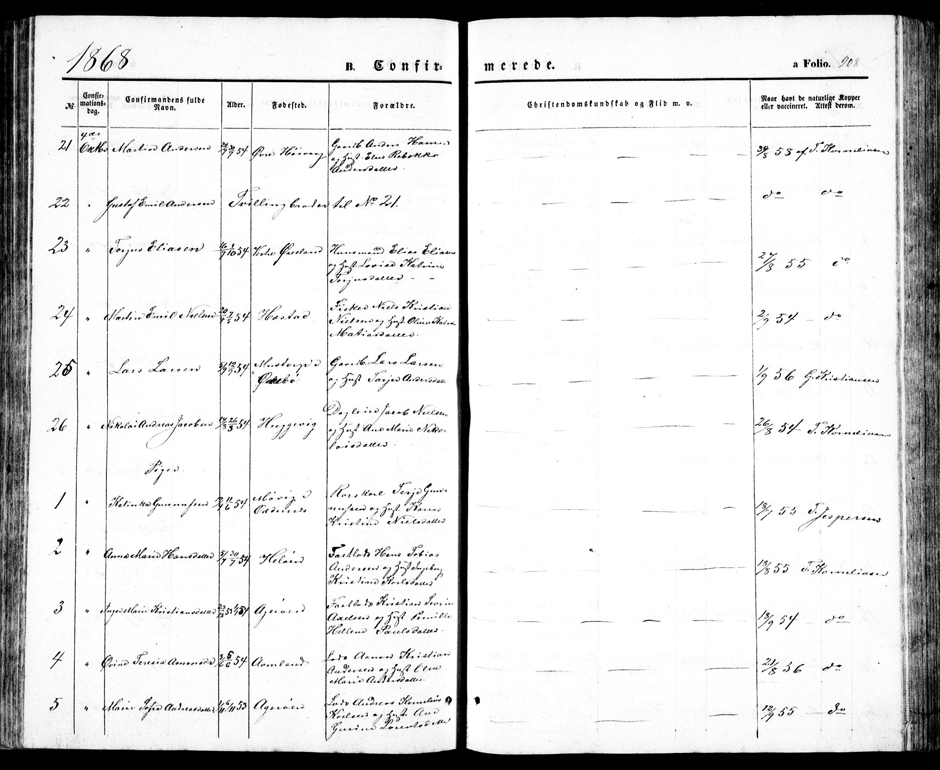 Høvåg sokneprestkontor, AV/SAK-1111-0025/F/Fb/L0002: Parish register (copy) no. B 2, 1847-1869, p. 208