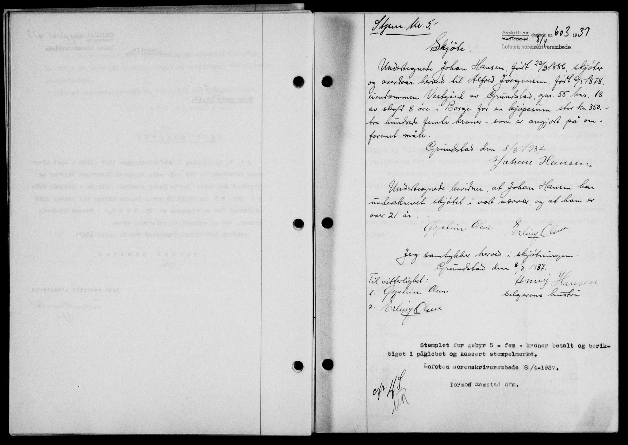 Lofoten sorenskriveri, SAT/A-0017/1/2/2C/L0002a: Mortgage book no. 2a, 1937-1937, Diary no: : 603/1937