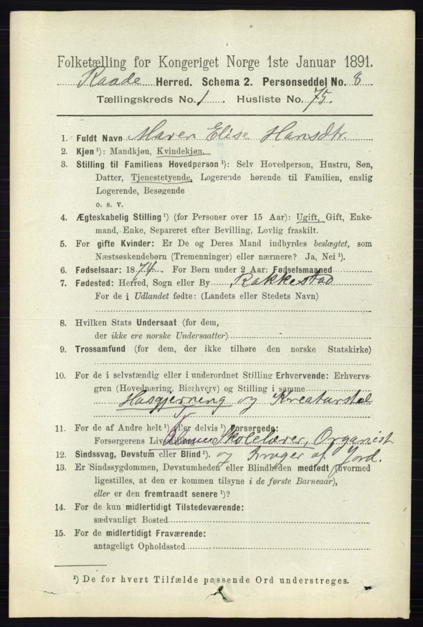 RA, 1891 census for 0135 Råde, 1891, p. 527