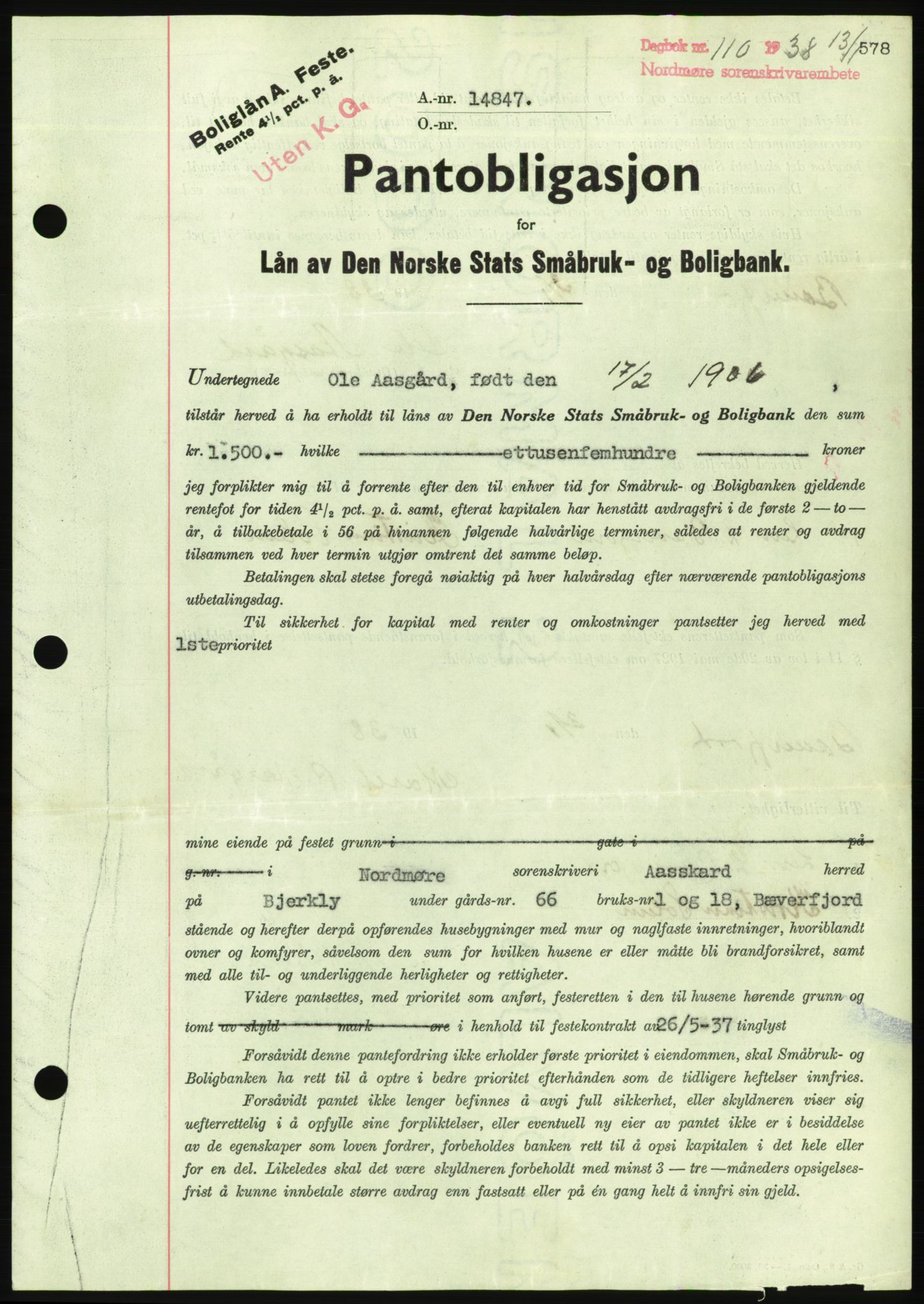 Nordmøre sorenskriveri, AV/SAT-A-4132/1/2/2Ca/L0092: Mortgage book no. B82, 1937-1938, Diary no: : 110/1938