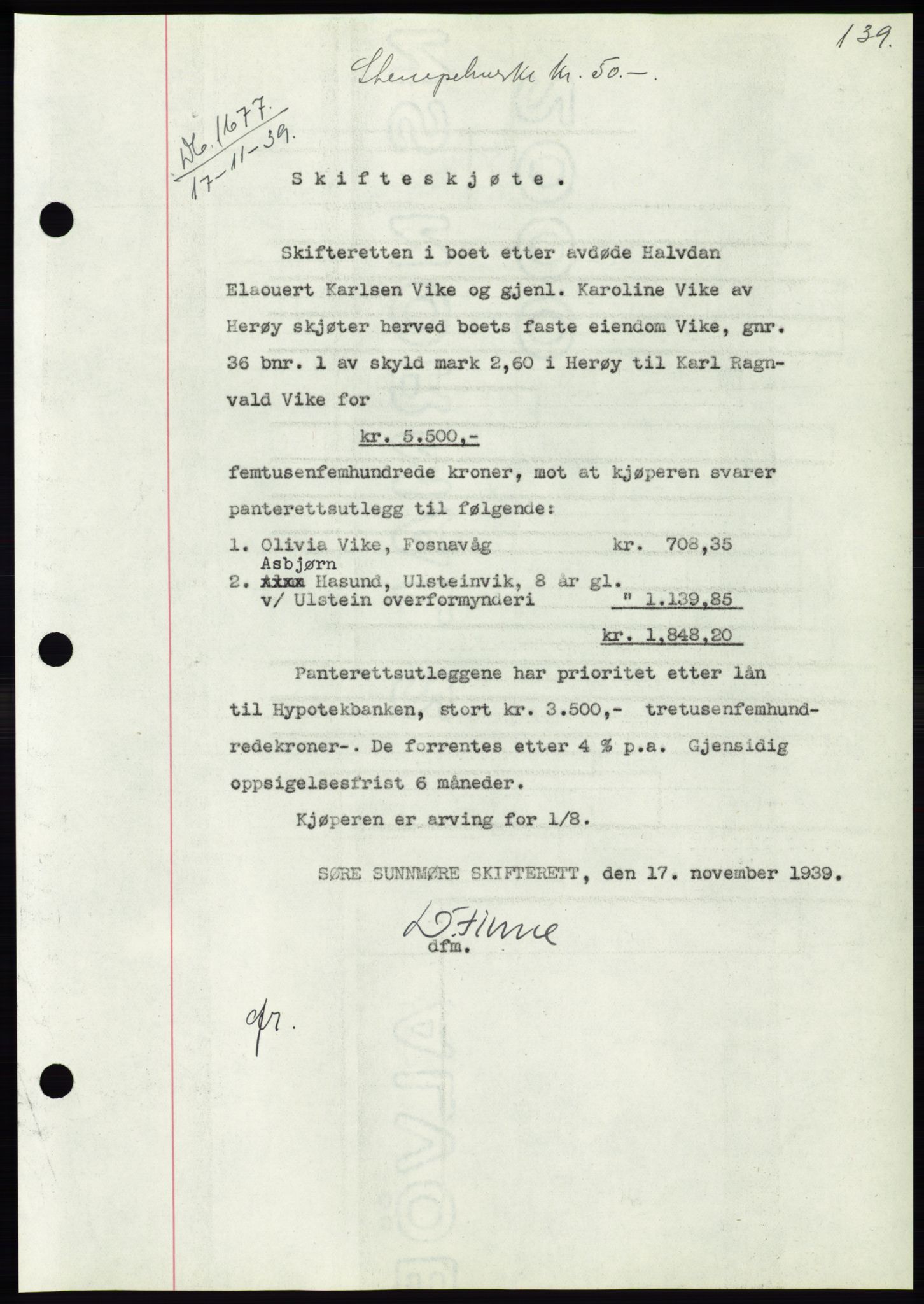 Søre Sunnmøre sorenskriveri, AV/SAT-A-4122/1/2/2C/L0069: Mortgage book no. 63, 1939-1940, Diary no: : 1677/1939