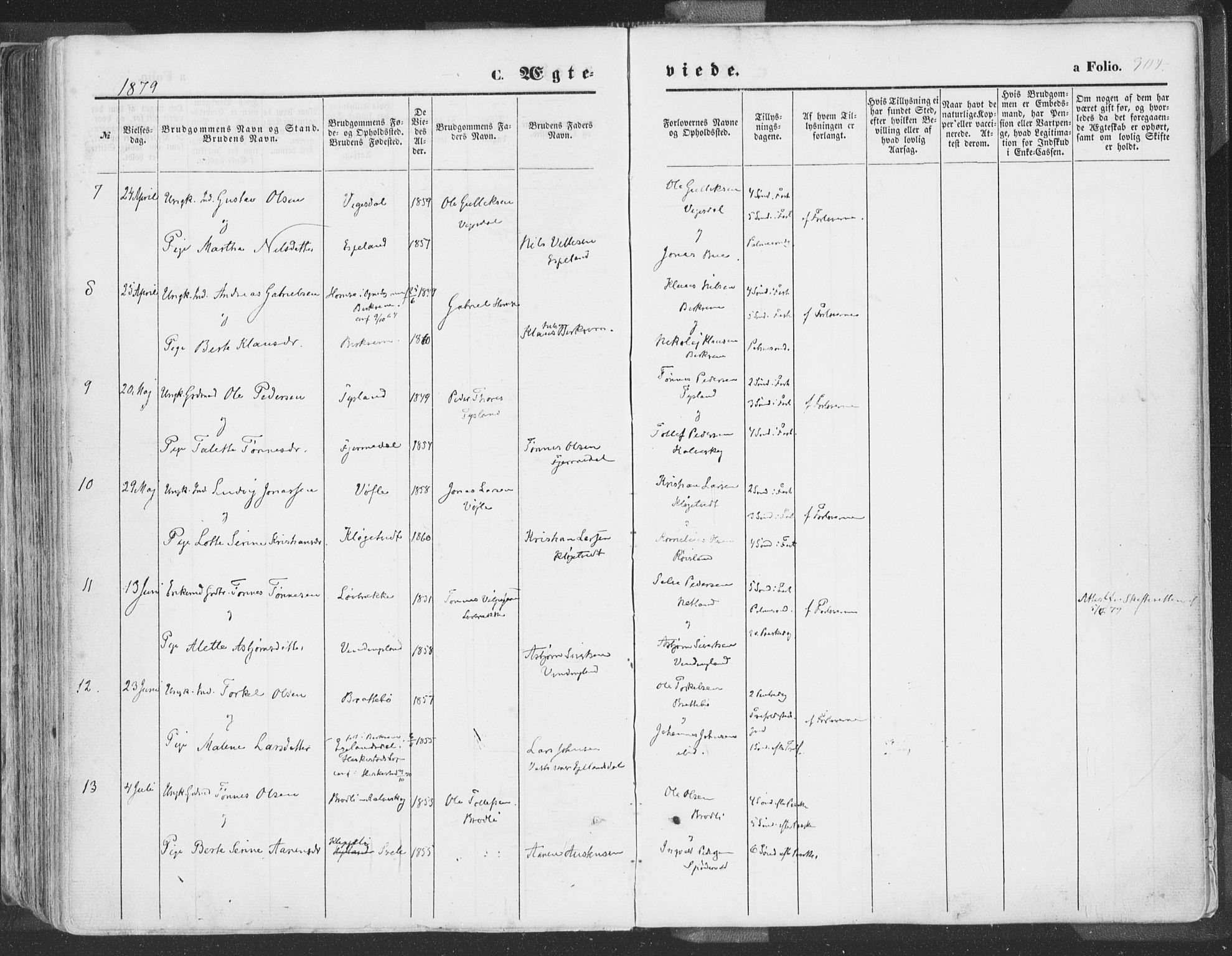 Helleland sokneprestkontor, AV/SAST-A-101810: Parish register (official) no. A 7.1, 1863-1886, p. 304