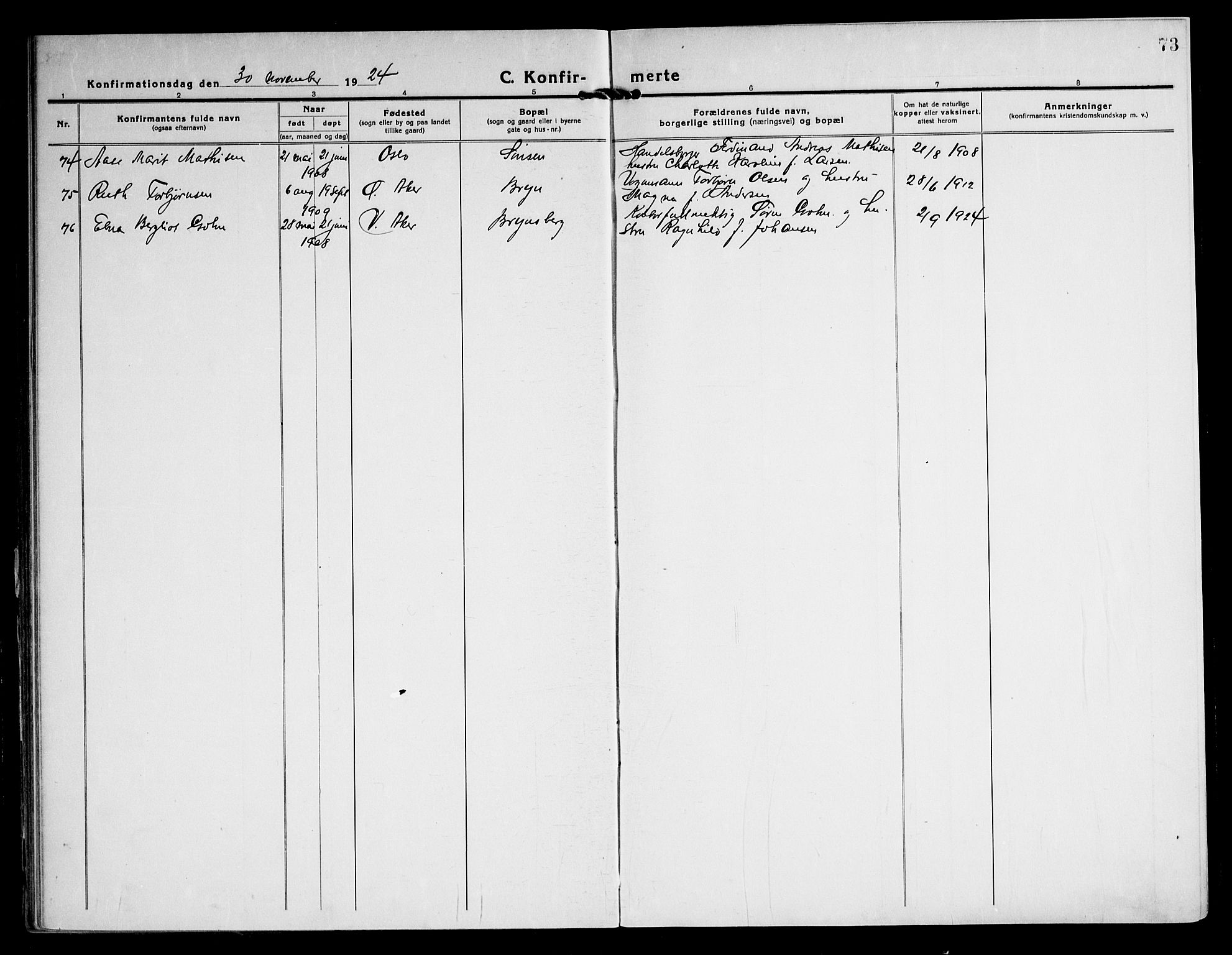 Østre Aker prestekontor Kirkebøker, SAO/A-10840/F/Fa/L0013: Parish register (official) no. I 13, 1918-1929, p. 73