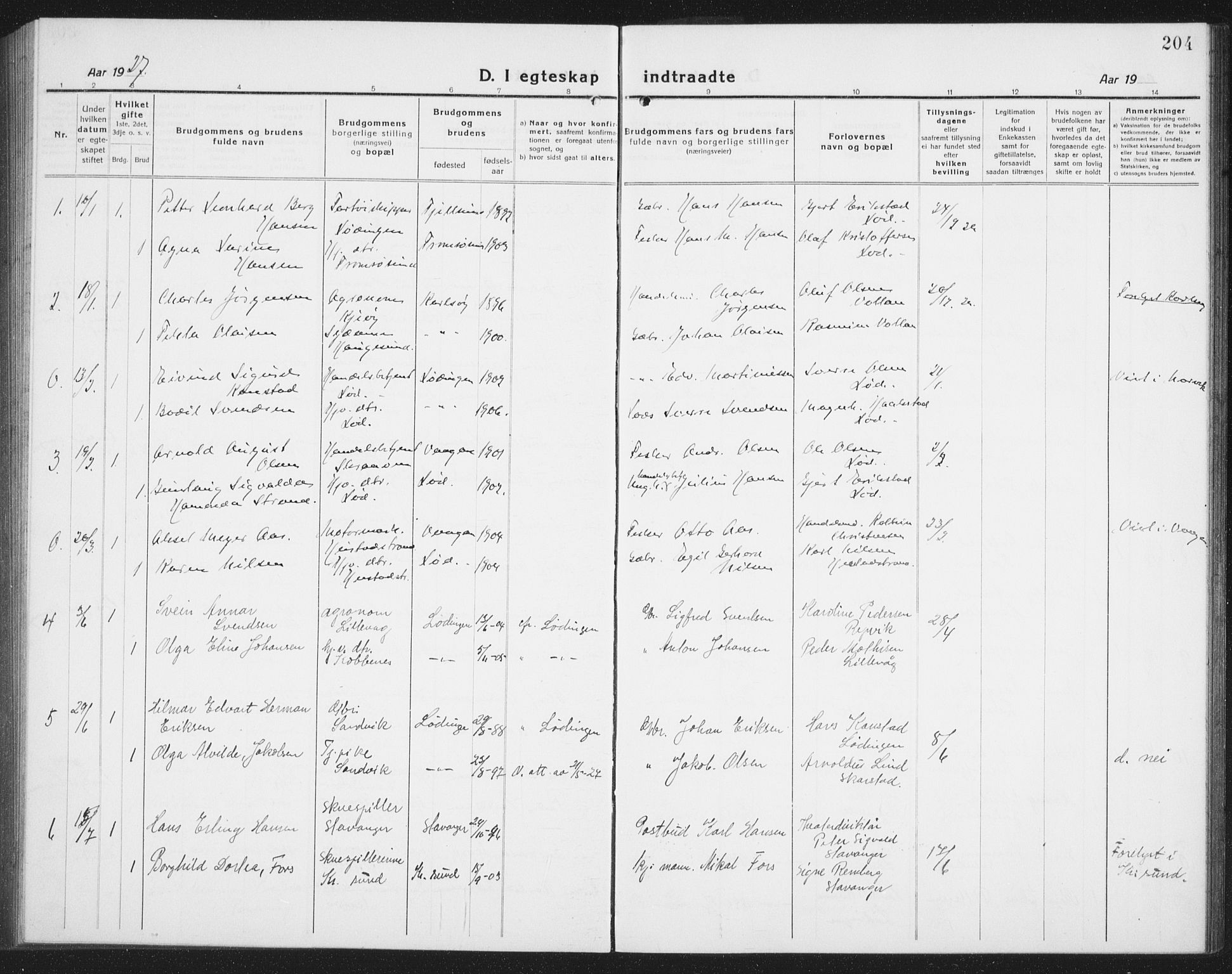 Ministerialprotokoller, klokkerbøker og fødselsregistre - Nordland, AV/SAT-A-1459/872/L1049: Parish register (copy) no. 872C05, 1920-1938, p. 204