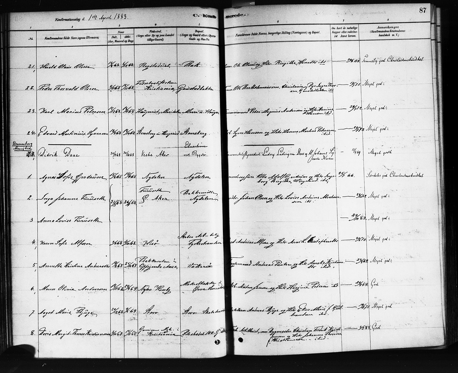 Vestre Aker prestekontor Kirkebøker, AV/SAO-A-10025/F/Fa/L0008: Parish register (official) no. 8, 1878-1903, p. 87