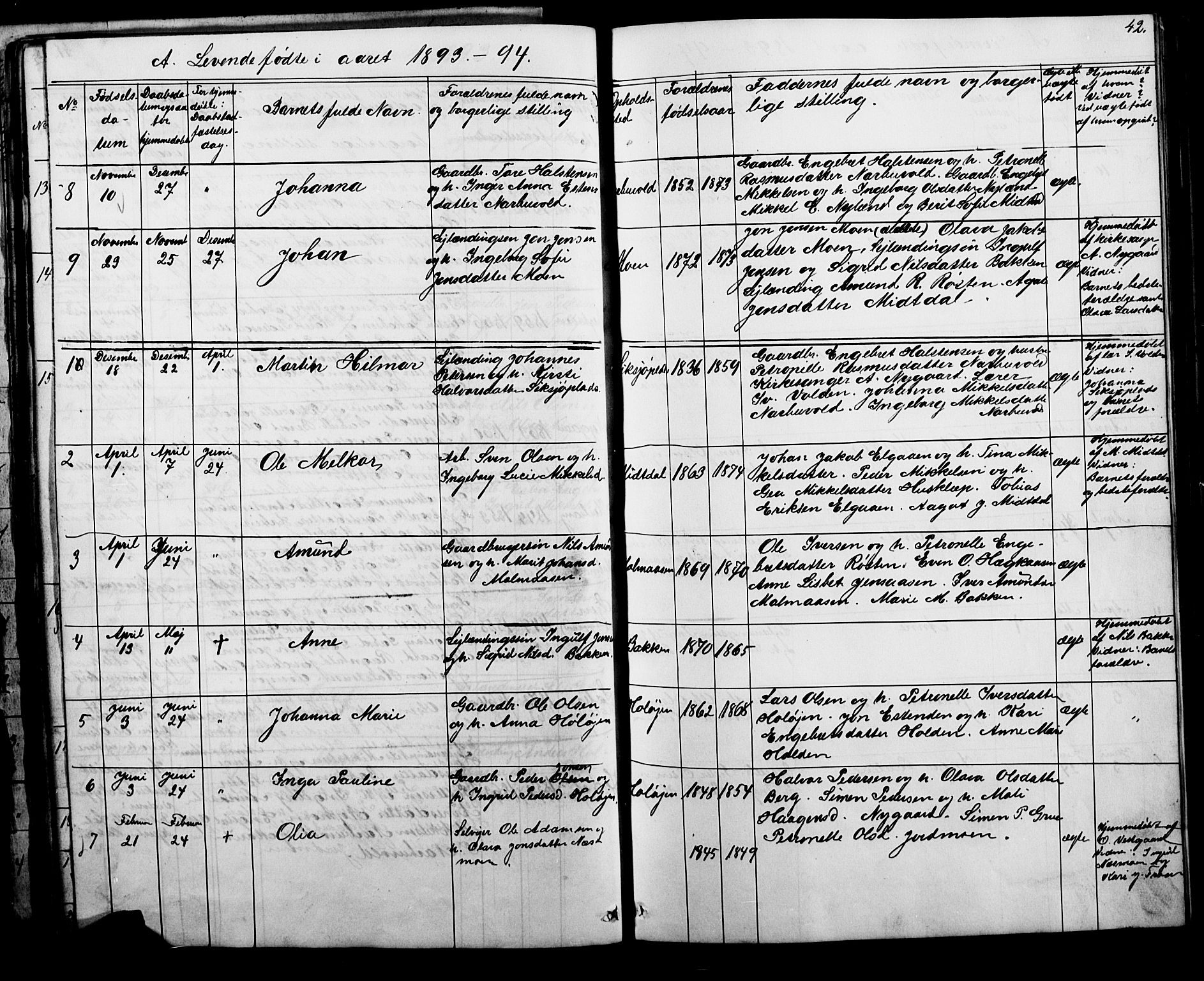 Tolga prestekontor, SAH/PREST-062/L/L0006: Parish register (copy) no. 6, 1864-1894, p. 42