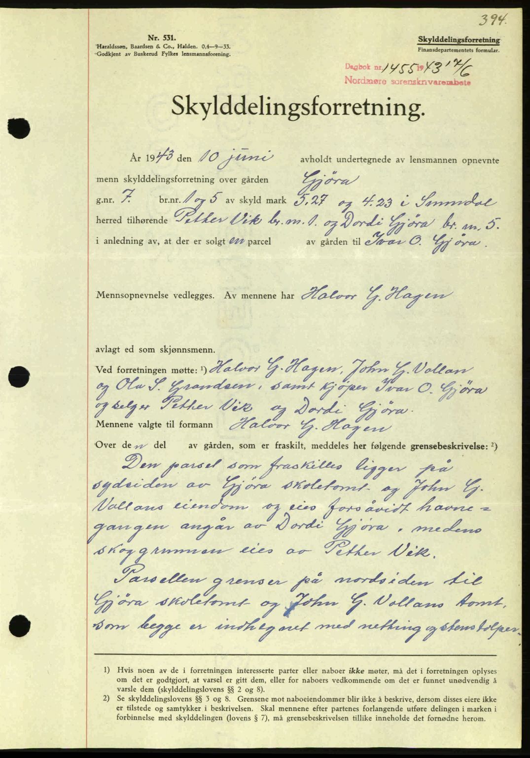 Nordmøre sorenskriveri, AV/SAT-A-4132/1/2/2Ca: Mortgage book no. A95, 1943-1943, Diary no: : 1455/1943