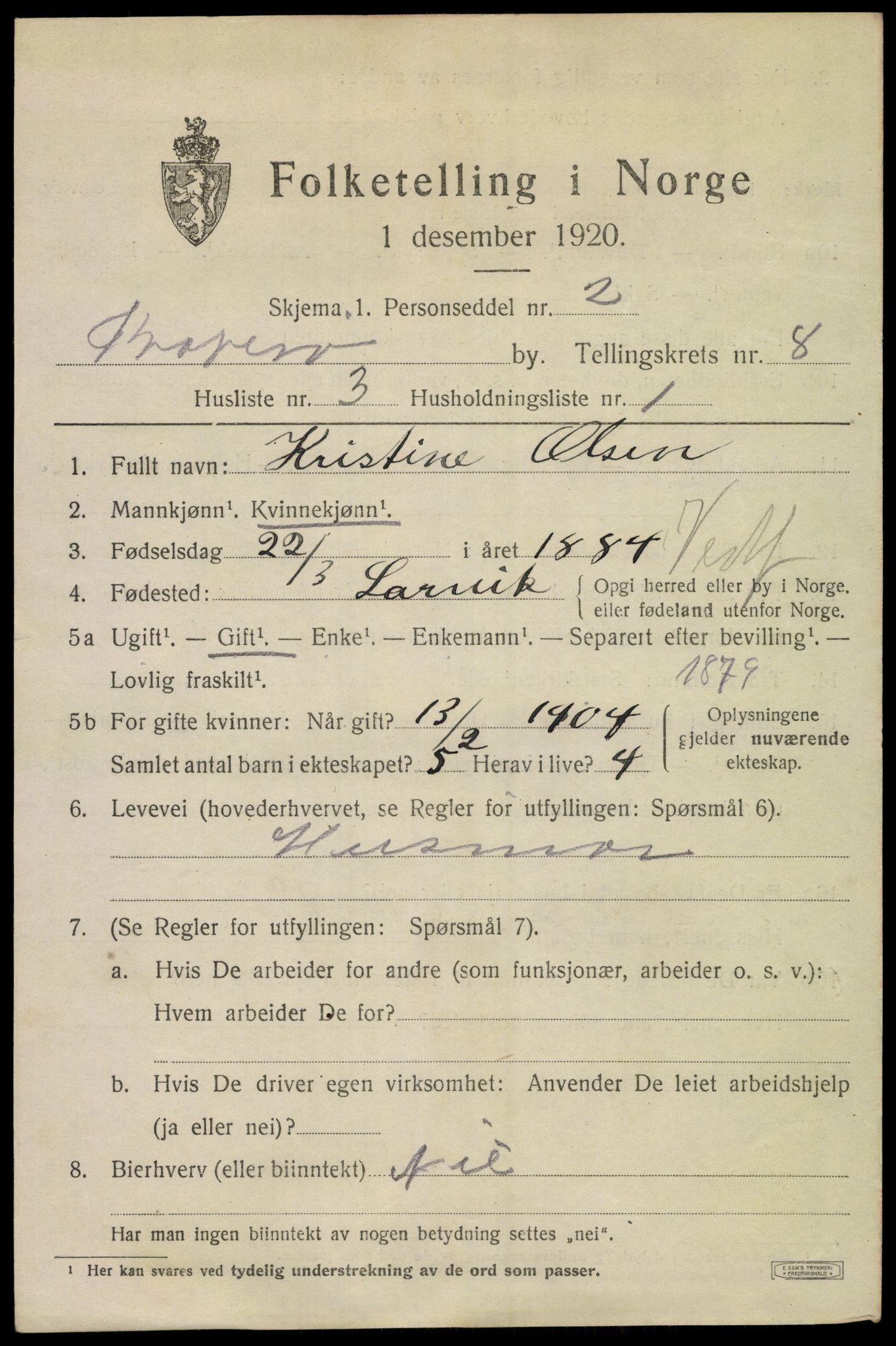 SAKO, 1920 census for Kragerø, 1920, p. 11109