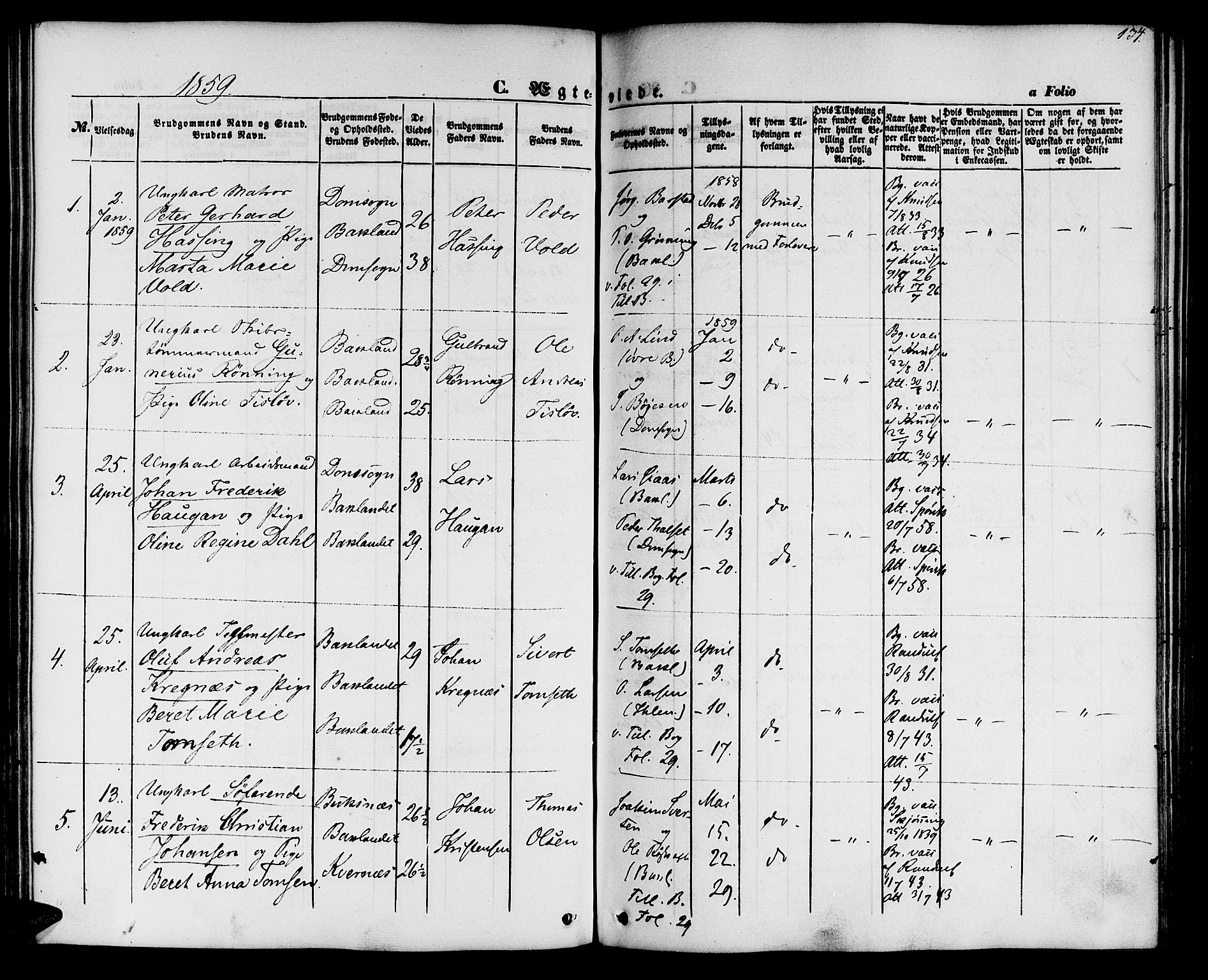 Ministerialprotokoller, klokkerbøker og fødselsregistre - Sør-Trøndelag, SAT/A-1456/604/L0184: Parish register (official) no. 604A05, 1851-1860, p. 134