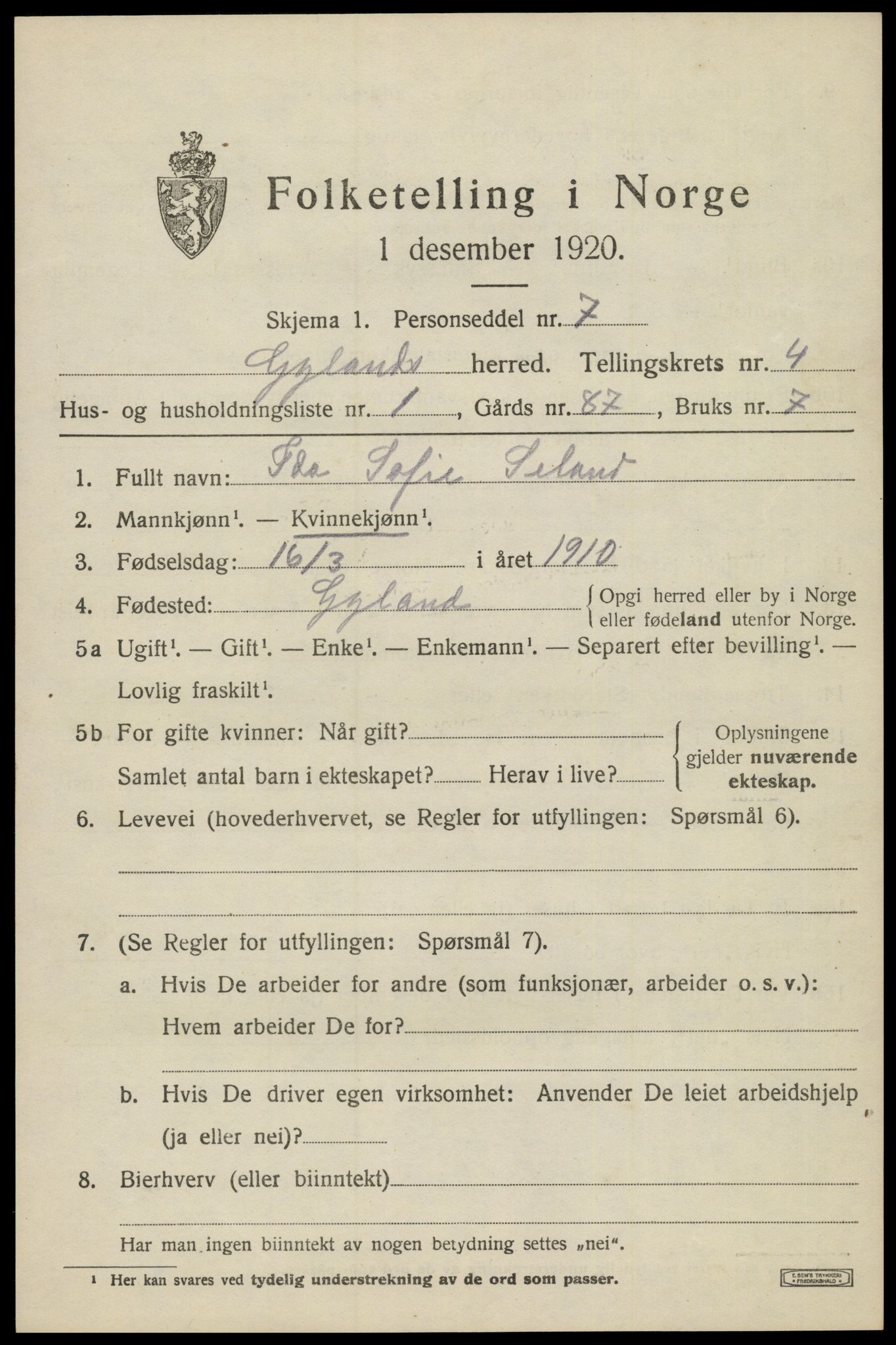 SAK, 1920 census for Gyland, 1920, p. 1050