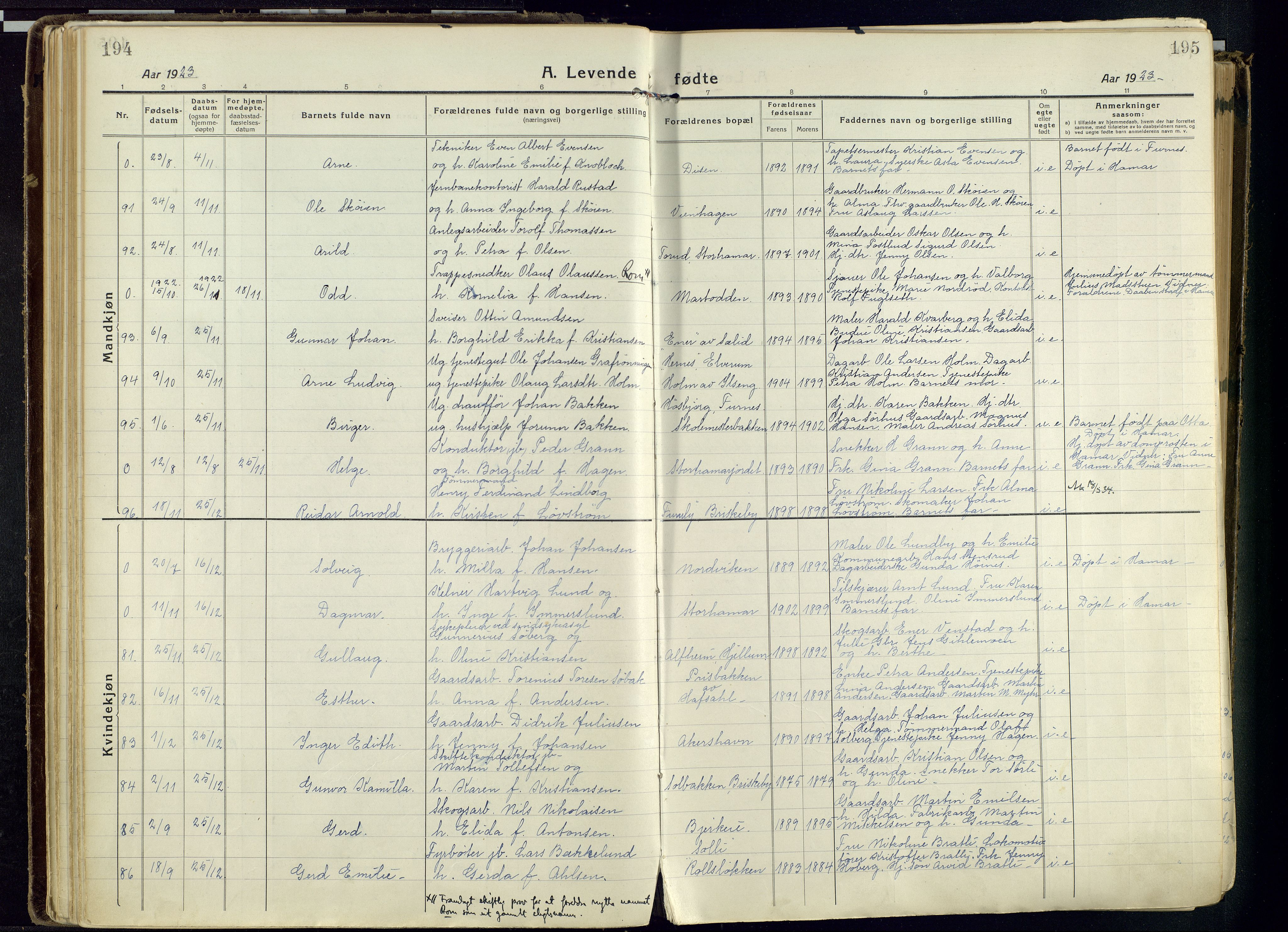 Vang prestekontor, Hedmark, AV/SAH-PREST-008/H/Ha/Haa/L0022: Parish register (official) no. 22, 1918-1944, p. 194-195