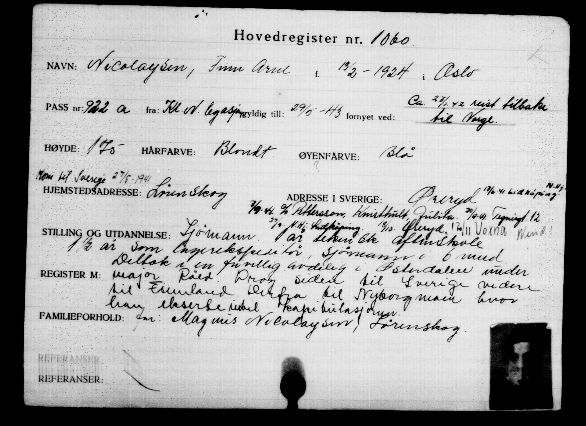 Utenriksstasjonene, Legasjonen i Stockholm, Flyktningkontoret, AV/RA-S-6753/V/Va/L0002: Kjesäterkartoteket, flyktninger med registreringsnr. 1001-2000, 1940-1945, p. 101