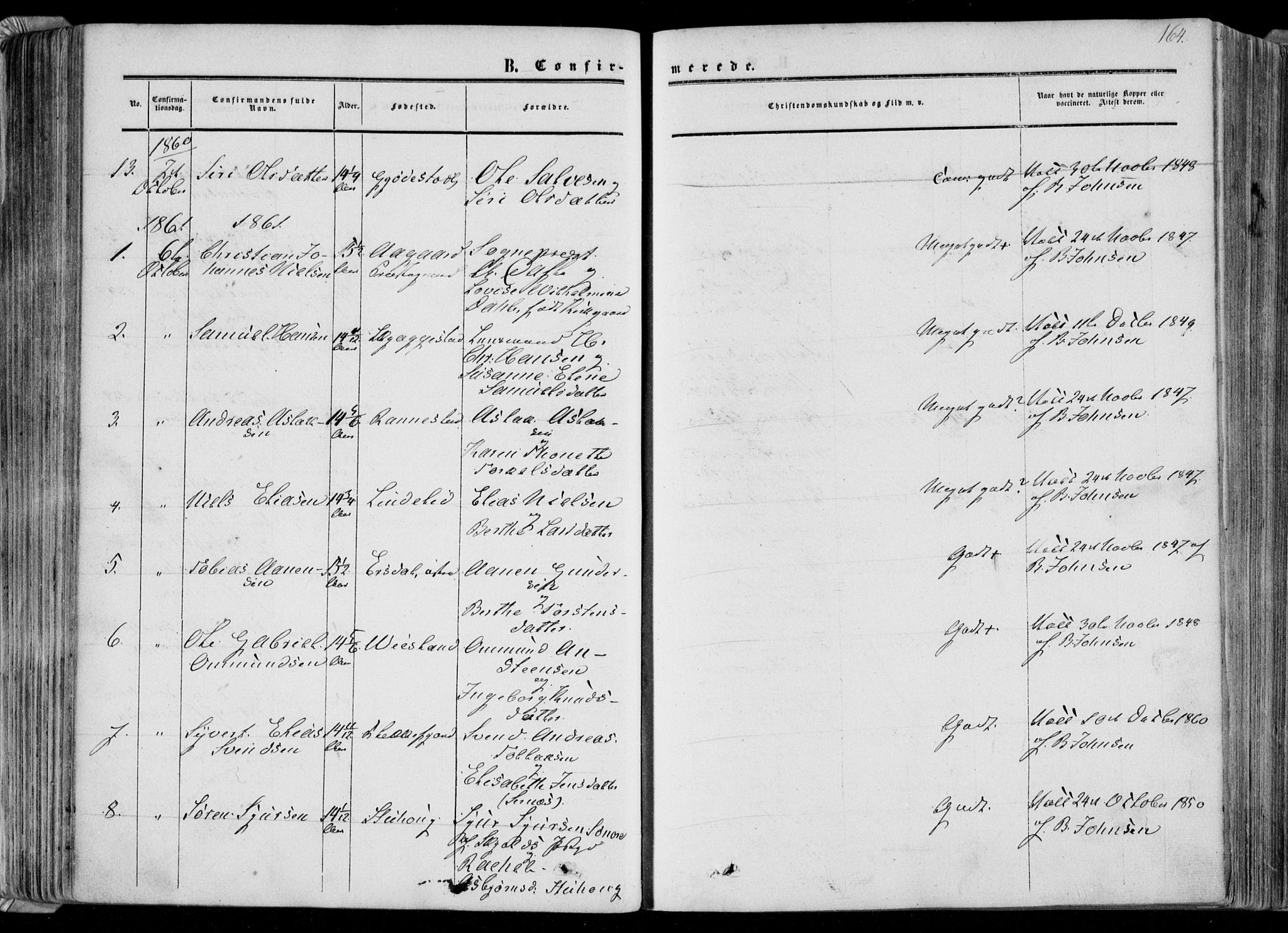 Bakke sokneprestkontor, SAK/1111-0002/F/Fa/Faa/L0006: Parish register (official) no. A 6, 1855-1877, p. 164