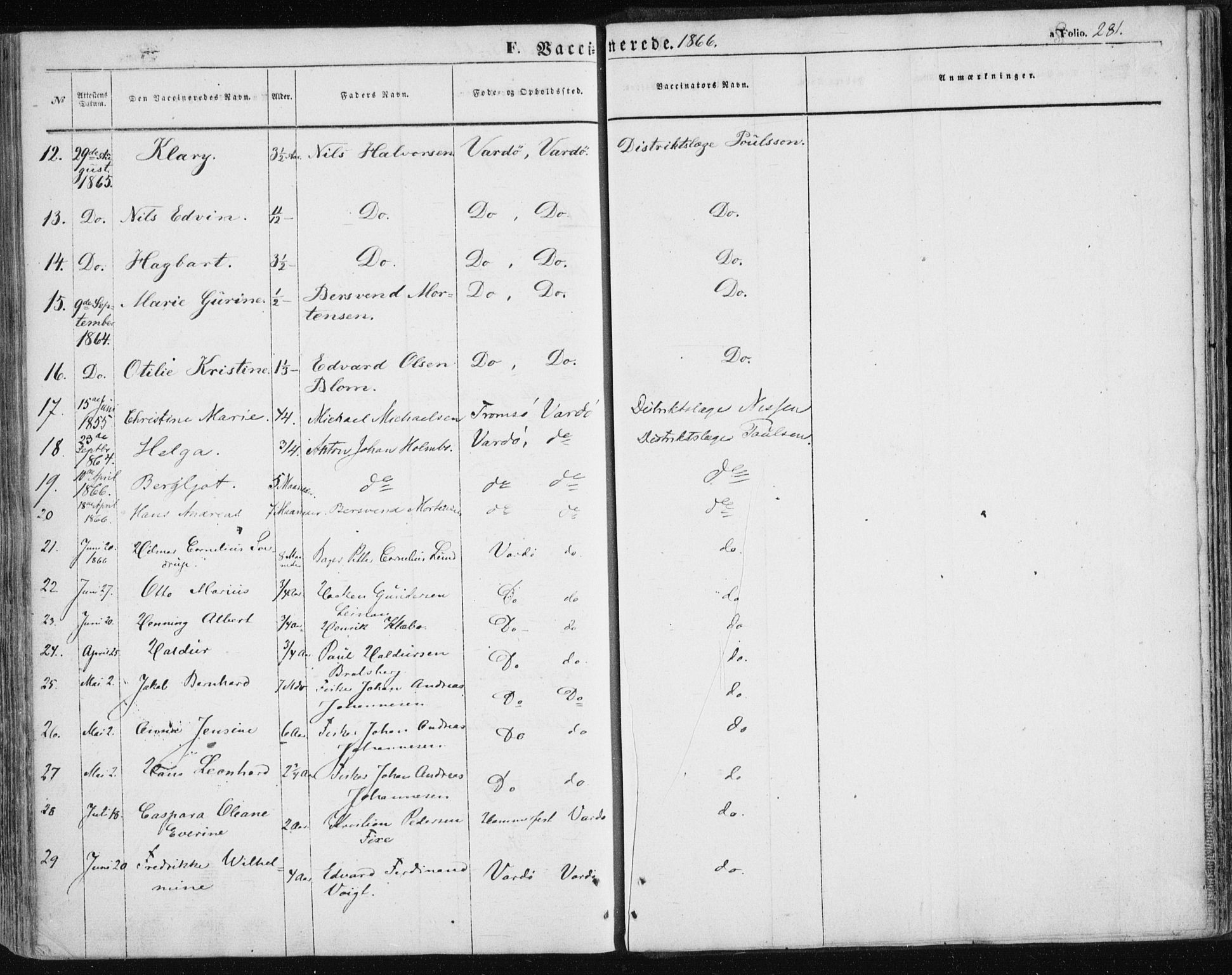 Vardø sokneprestkontor, SATØ/S-1332/H/Ha/L0004kirke: Parish register (official) no. 4, 1862-1871, p. 281