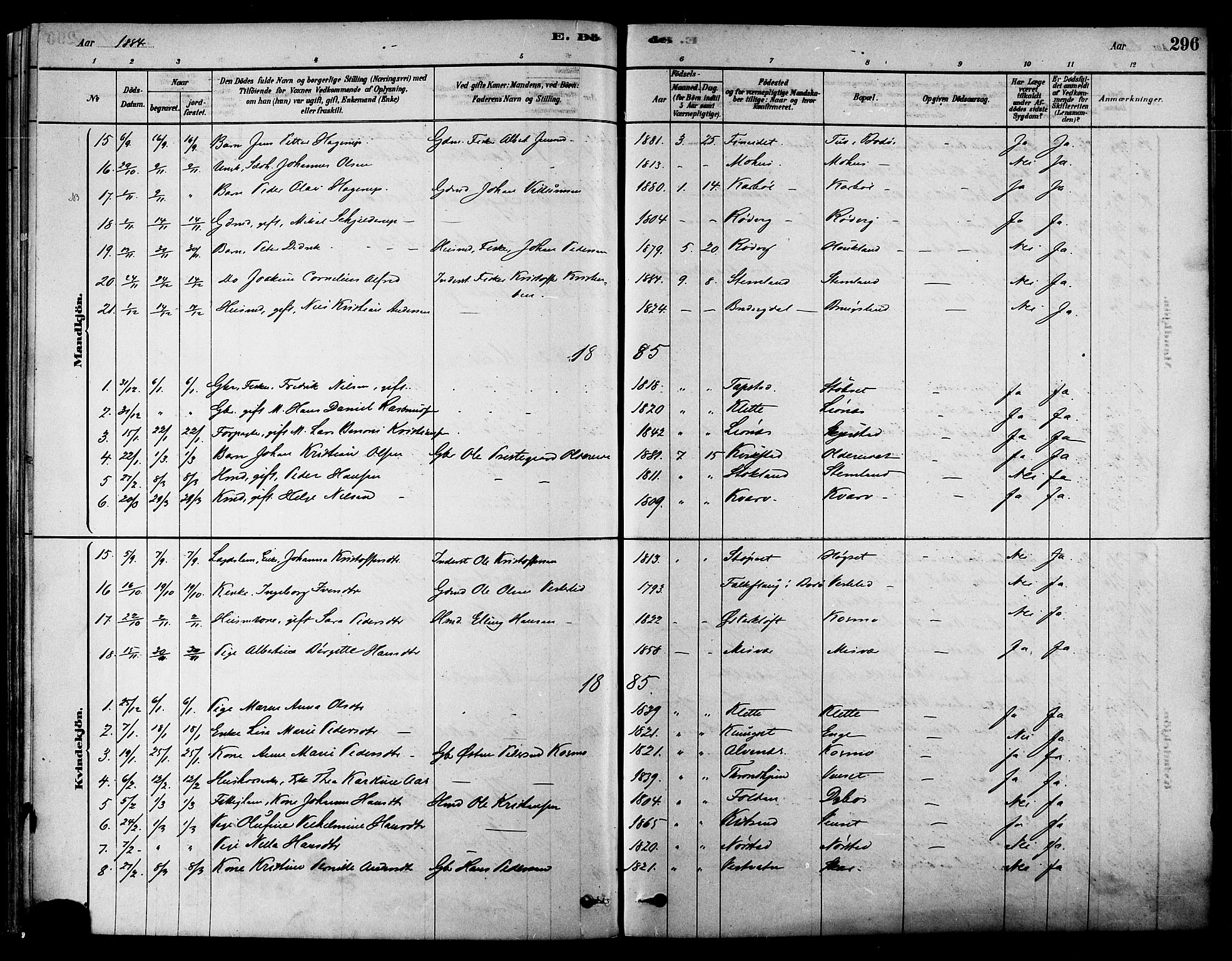 Ministerialprotokoller, klokkerbøker og fødselsregistre - Nordland, SAT/A-1459/852/L0740: Parish register (official) no. 852A10, 1878-1894, p. 296