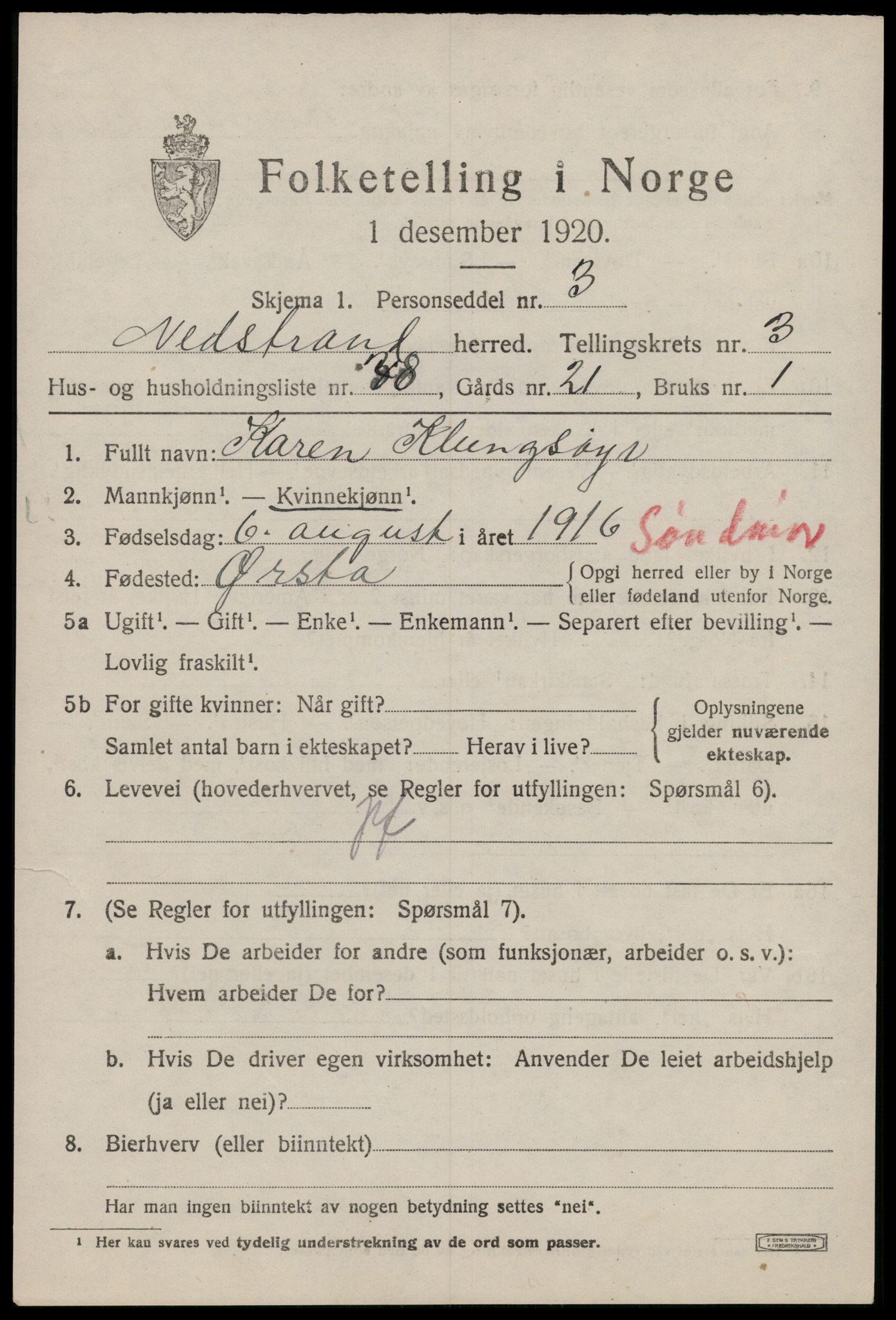 SAST, 1920 census for Nedstrand, 1920, p. 1725