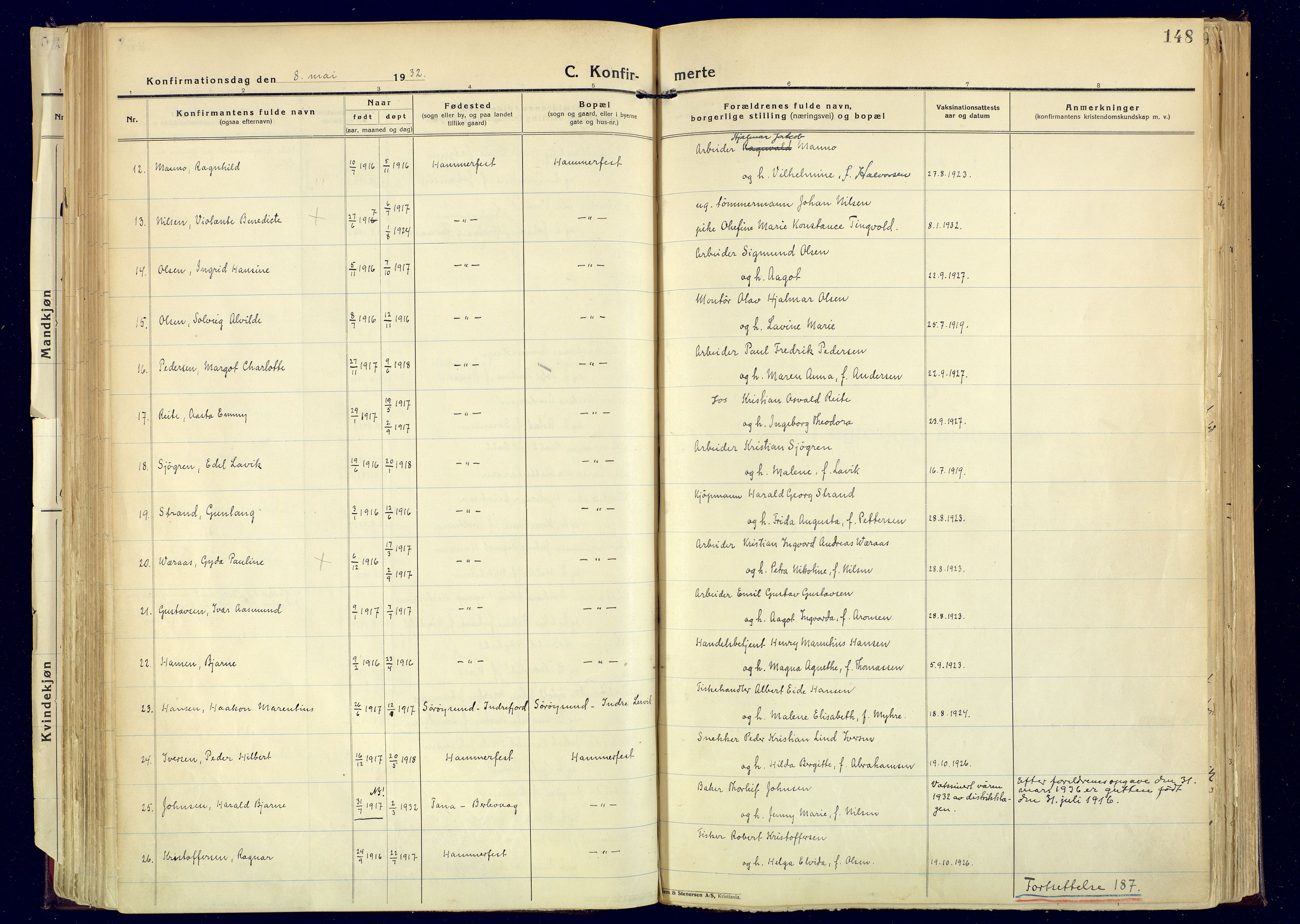 Hammerfest sokneprestkontor, AV/SATØ-S-1347/H/Ha/L0017.kirke: Parish register (official) no. 17, 1923-1933, p. 148