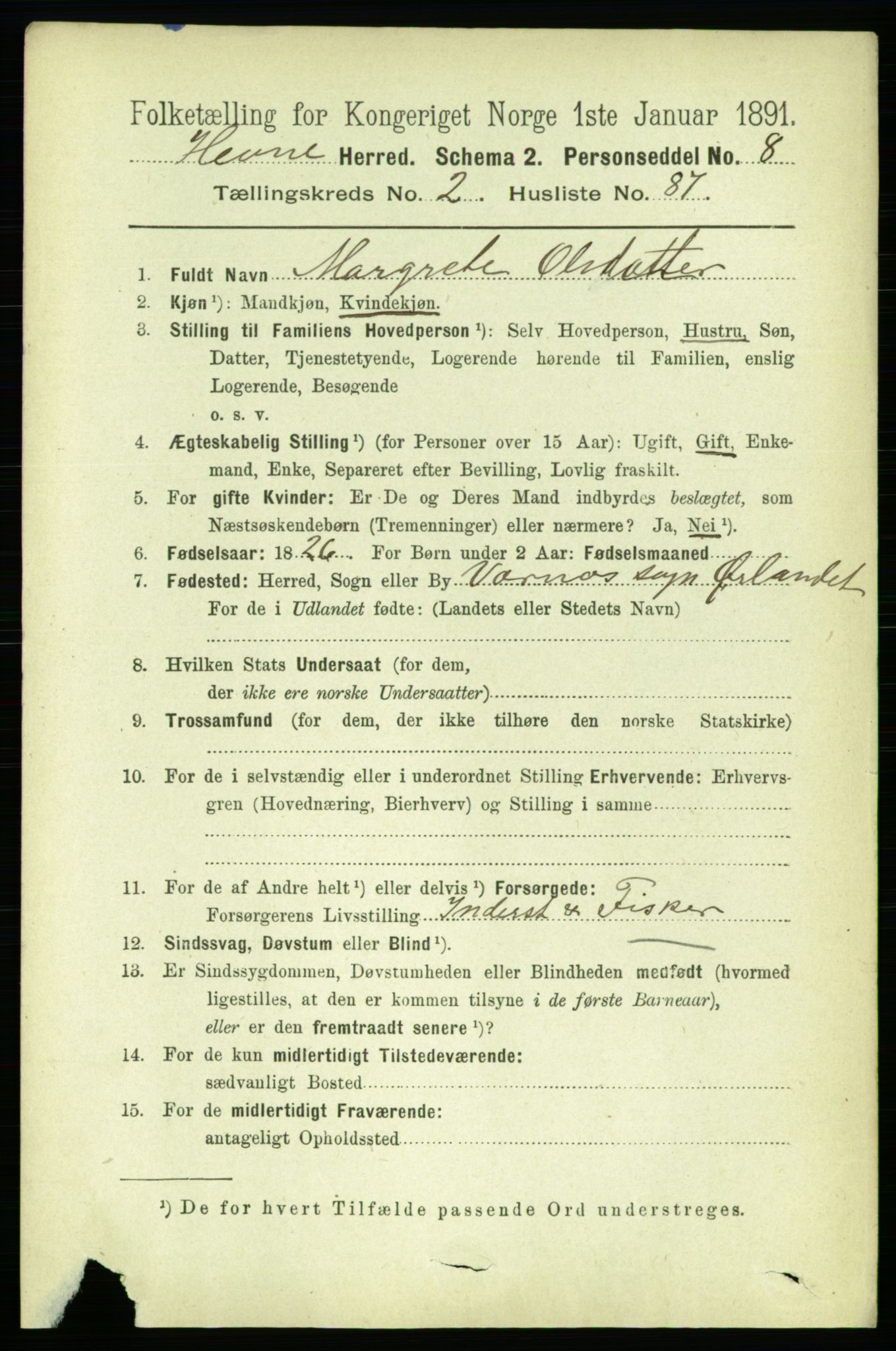 RA, 1891 census for 1612 Hemne, 1891, p. 1309