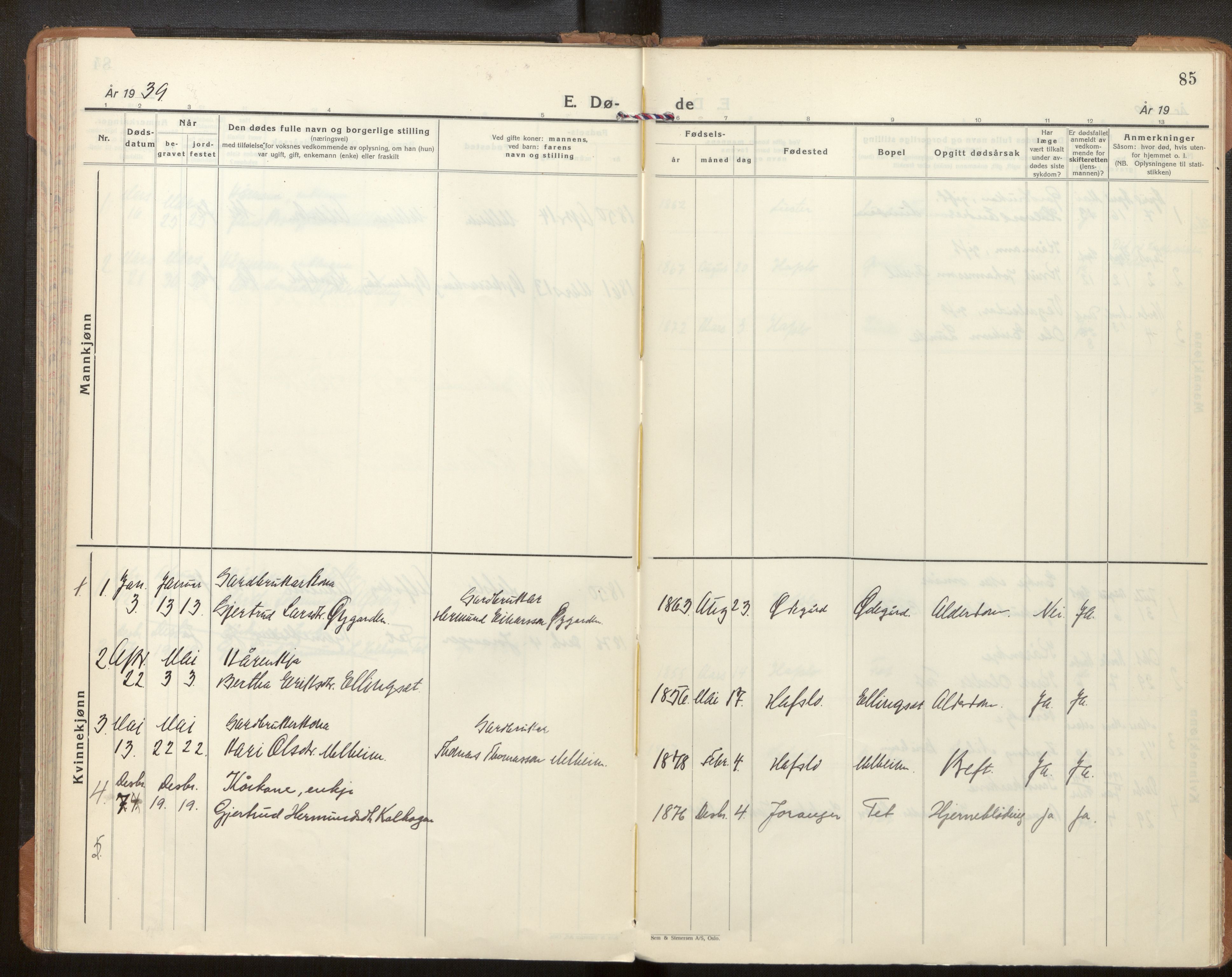 Hafslo sokneprestembete, SAB/A-80301/H/Haa/Haad/L0002: Parish register (official) no. D 2, 1934-1965, p. 85