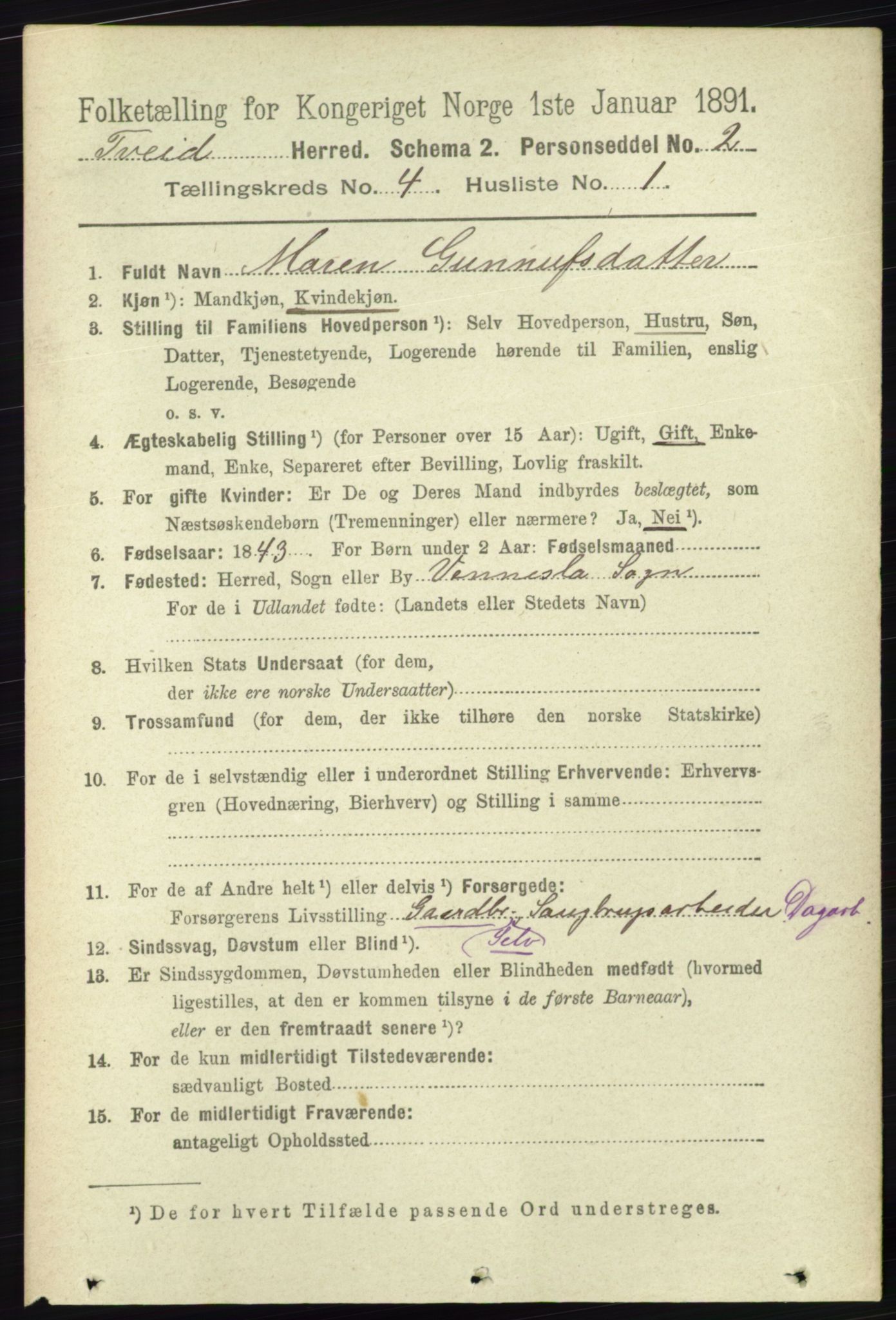 RA, 1891 census for 1013 Tveit, 1891, p. 1807