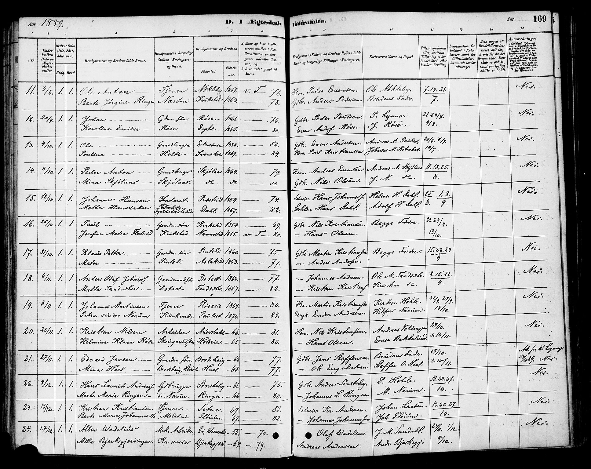 Vestre Toten prestekontor, SAH/PREST-108/H/Ha/Haa/L0010: Parish register (official) no. 10, 1878-1894, p. 169