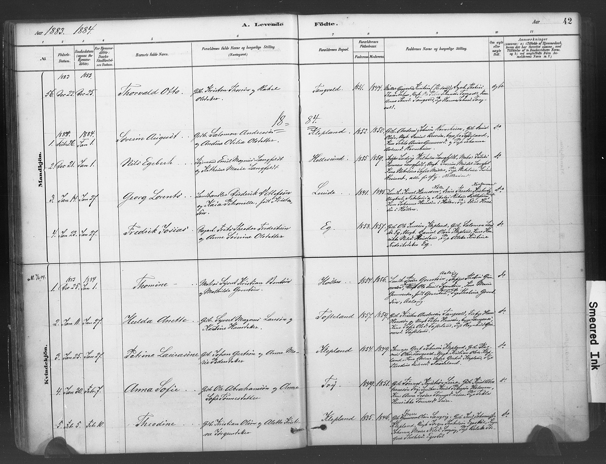 Søgne sokneprestkontor, SAK/1111-0037/F/Fa/Fab/L0012: Parish register (official) no. A 12, 1880-1891, p. 42