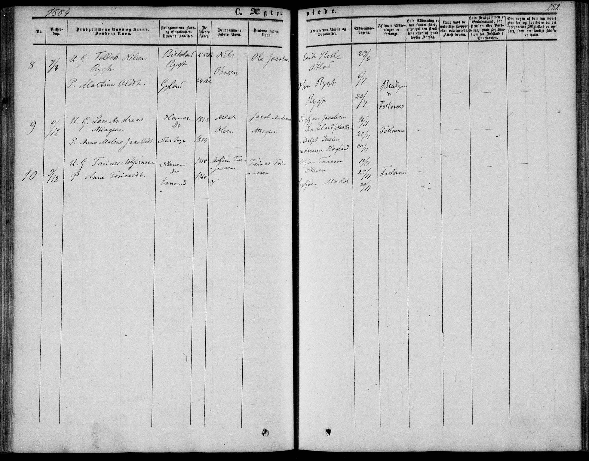 Bakke sokneprestkontor, AV/SAK-1111-0002/F/Fa/Fab/L0002: Parish register (official) no. A 2, 1855-1884, p. 282