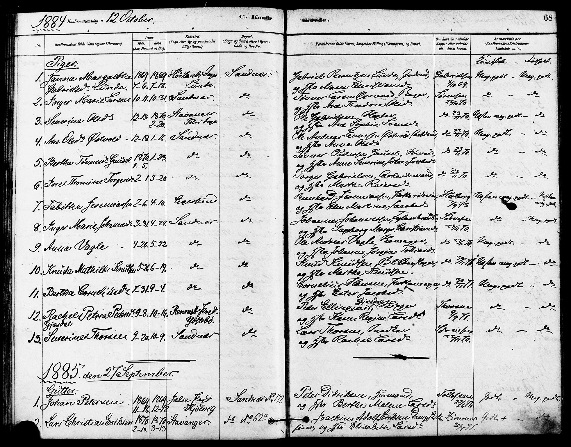 Høyland sokneprestkontor, SAST/A-101799/001/30BA/L0012: Parish register (official) no. A 11, 1878-1889, p. 68