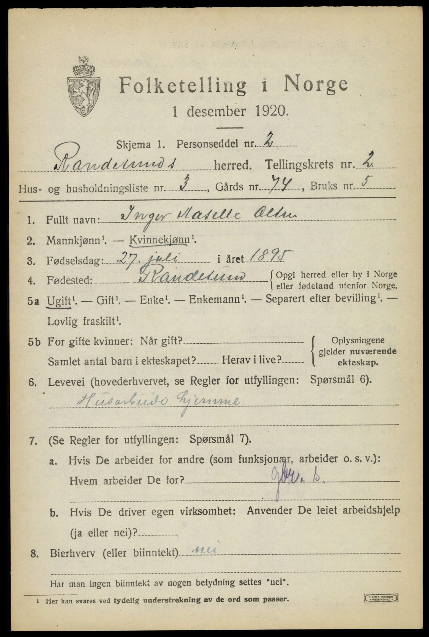 SAK, 1920 census for Randesund, 1920, p. 1110