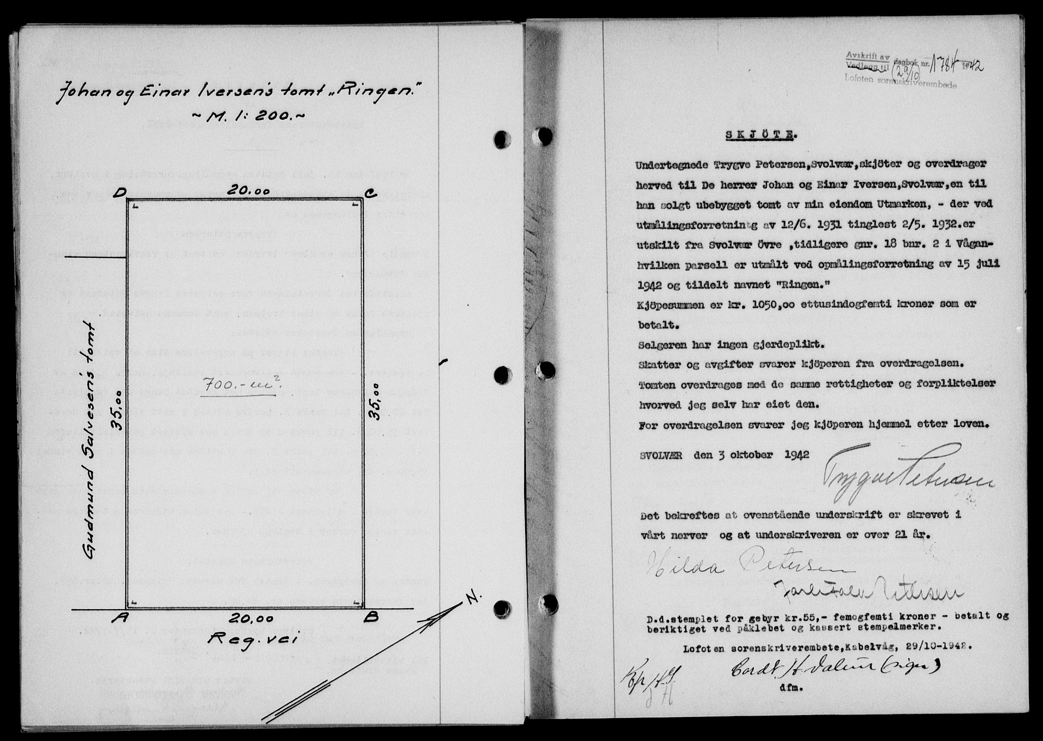 Lofoten sorenskriveri, SAT/A-0017/1/2/2C/L0010a: Mortgage book no. 10a, 1942-1943, Diary no: : 1784/1942