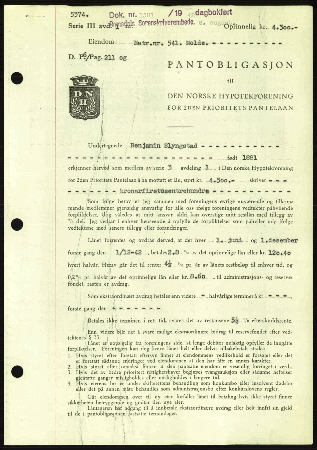 Romsdal sorenskriveri, AV/SAT-A-4149/1/2/2C: Mortgage book no. B2, 1939-1945, Diary no: : 1581/1942