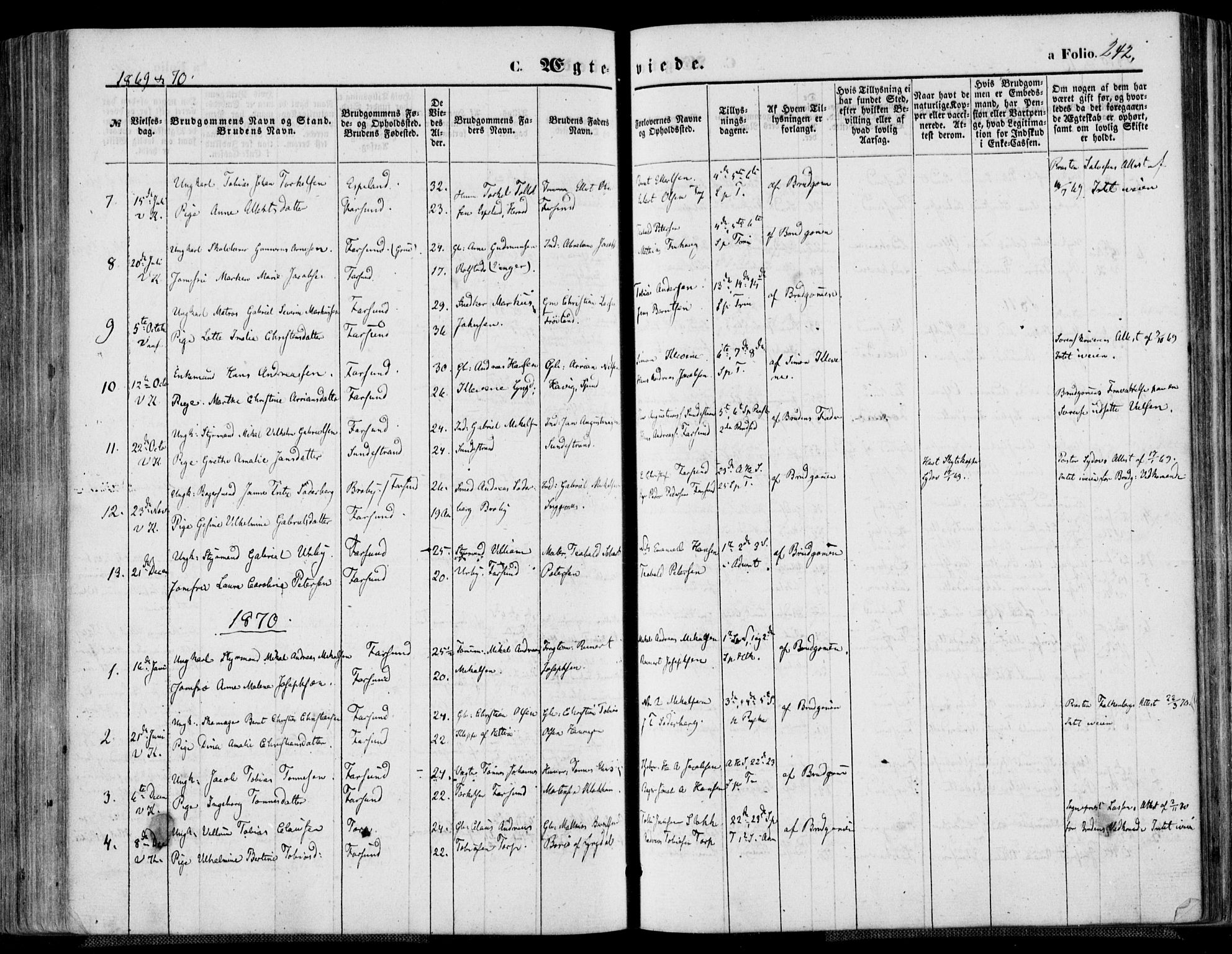 Farsund sokneprestkontor, AV/SAK-1111-0009/F/Fa/L0005: Parish register (official) no. A 5, 1863-1886, p. 242