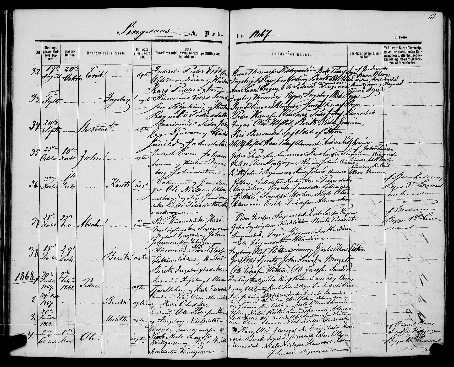 Ministerialprotokoller, klokkerbøker og fødselsregistre - Sør-Trøndelag, SAT/A-1456/685/L0967: Parish register (official) no. 685A07 /2, 1860-1869, p. 39