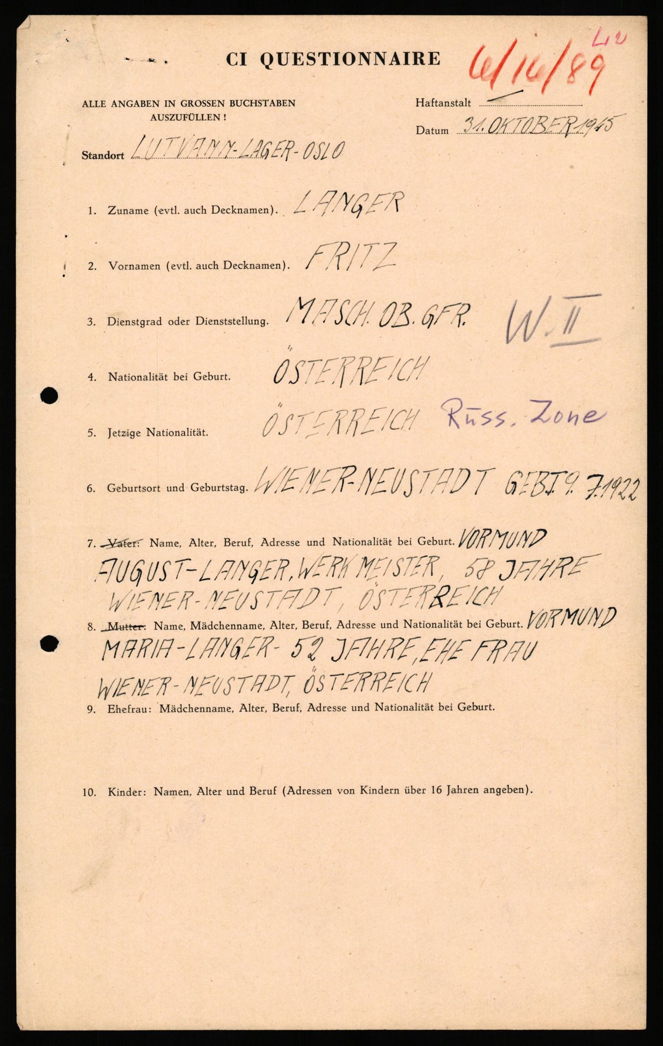Forsvaret, Forsvarets overkommando II, AV/RA-RAFA-3915/D/Db/L0039: CI Questionaires. Tyske okkupasjonsstyrker i Norge. Østerrikere., 1945-1946, p. 242