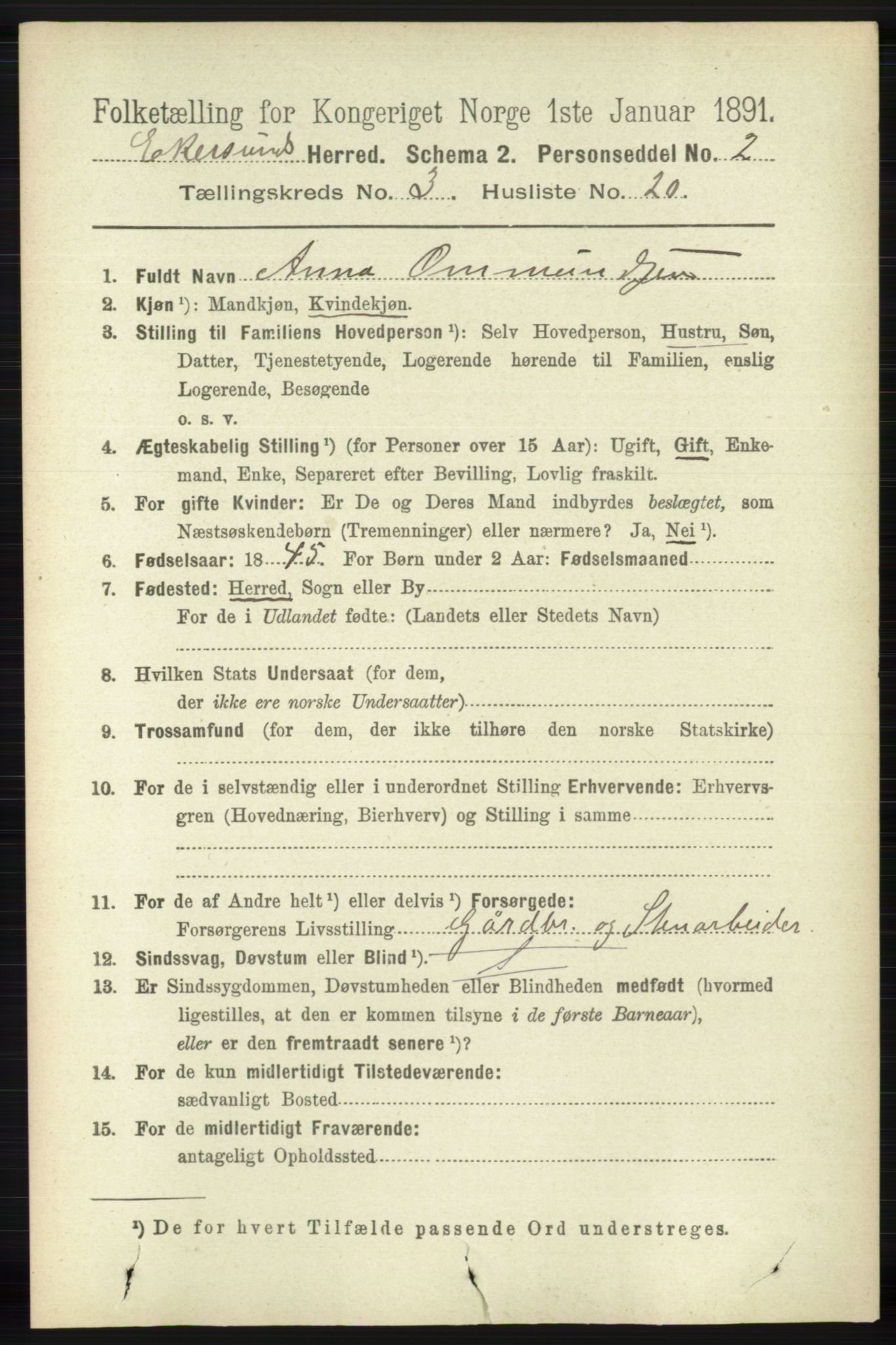 RA, 1891 census for 1116 Eigersund herred, 1891, p. 1199