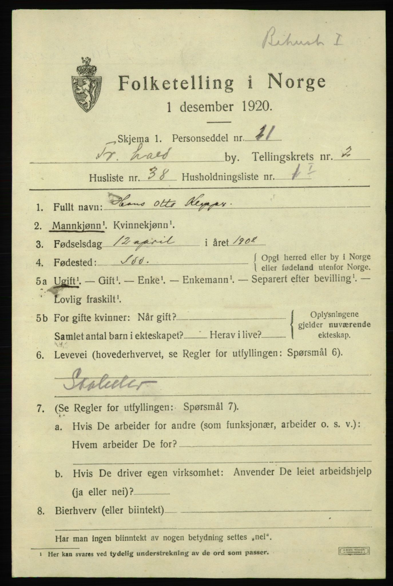 SAO, 1920 census for Fredrikshald, 1920, p. 10263