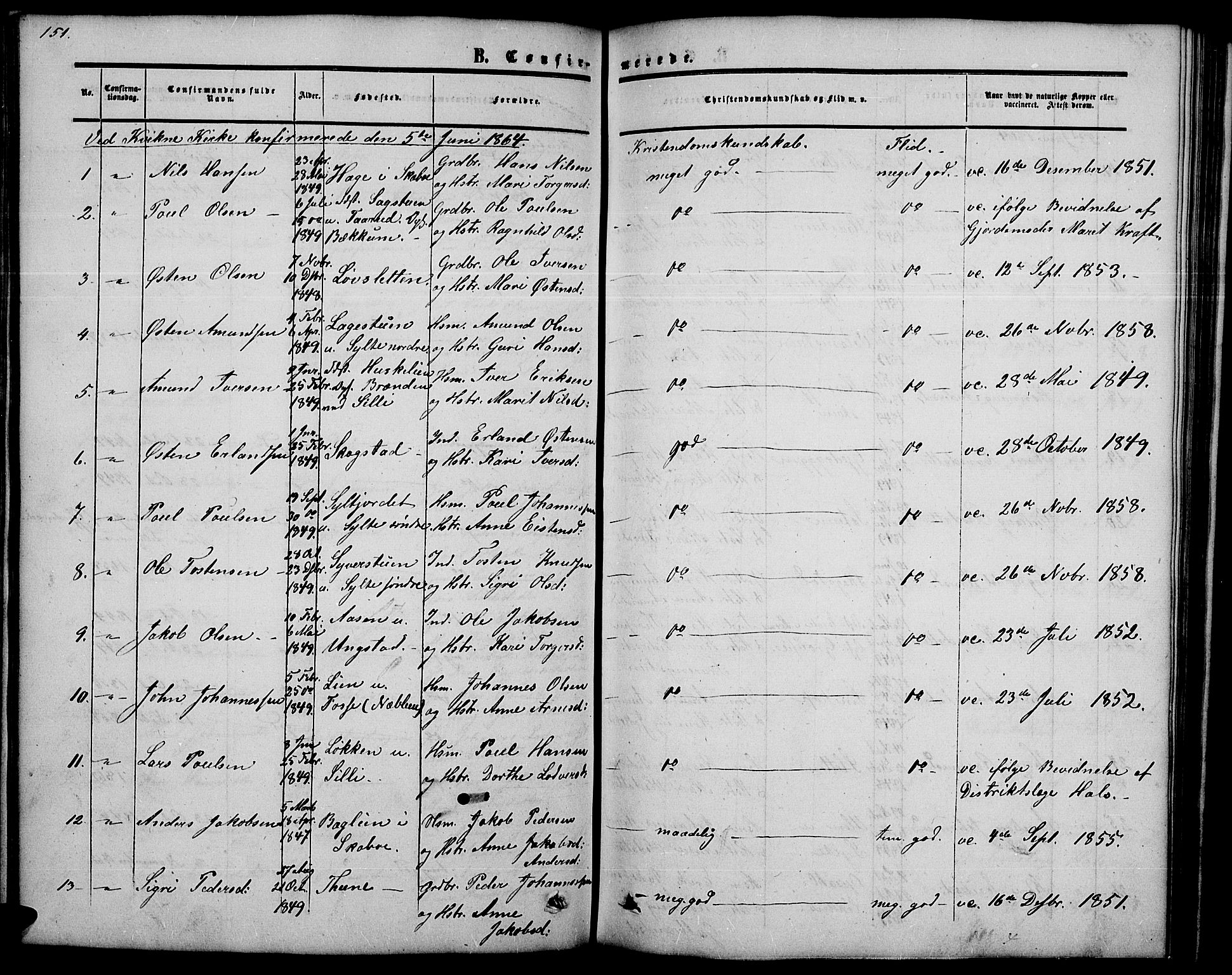 Nord-Fron prestekontor, SAH/PREST-080/H/Ha/Hab/L0002: Parish register (copy) no. 2, 1851-1883, p. 151