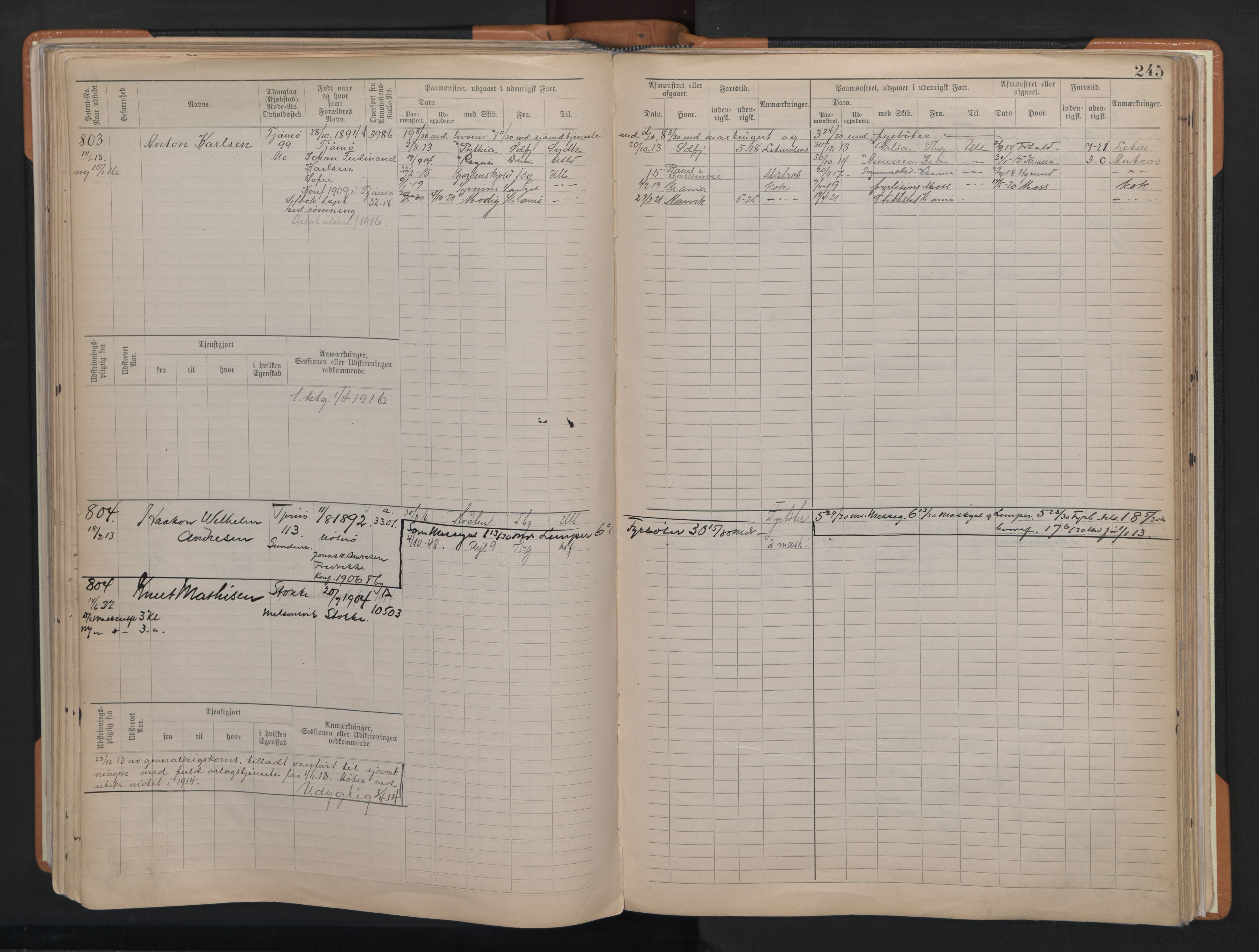 Tønsberg innrulleringskontor, AV/SAKO-A-786/F/Fe/L0004: Maskinist- og fyrbøterrulle Patent nr. 315-1079, 1902-1922, p. 245